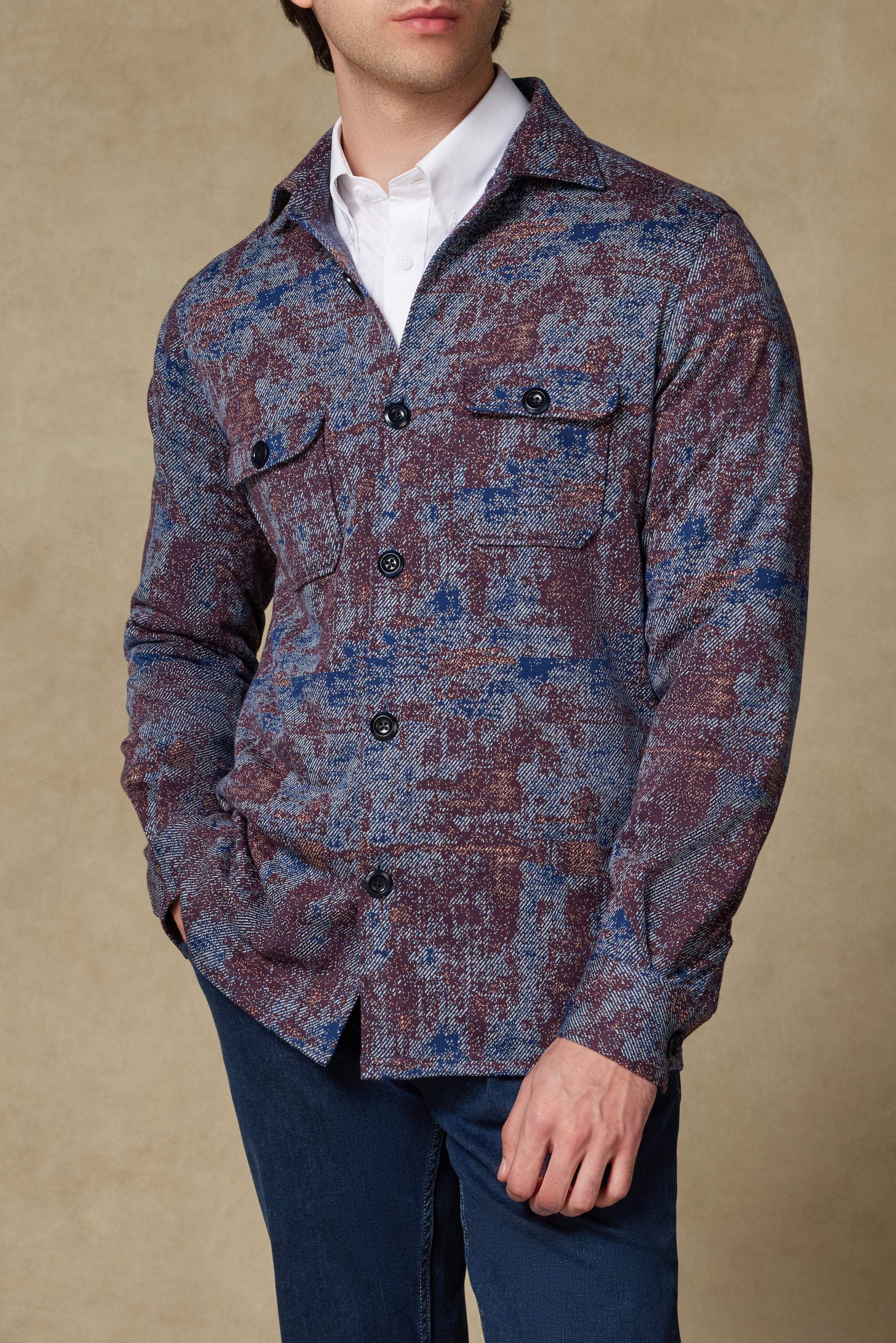 Abbate Legend Örme Kumaş Viskon Karışımlı Overshirt Fit Lacivert Klasik Yaka Erkek Desenli Gömlek Ceket