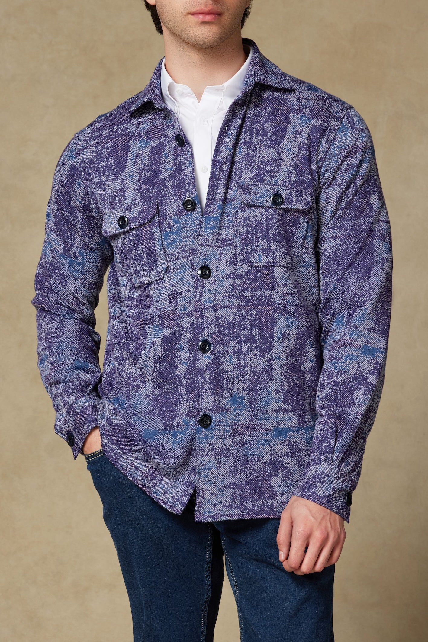 Abbate Legend Örme Kumaş Viskon Karışımlı Overshirt Fit Mürdüm Klasik Yaka Erkek Desenli Gömlek Ceket
