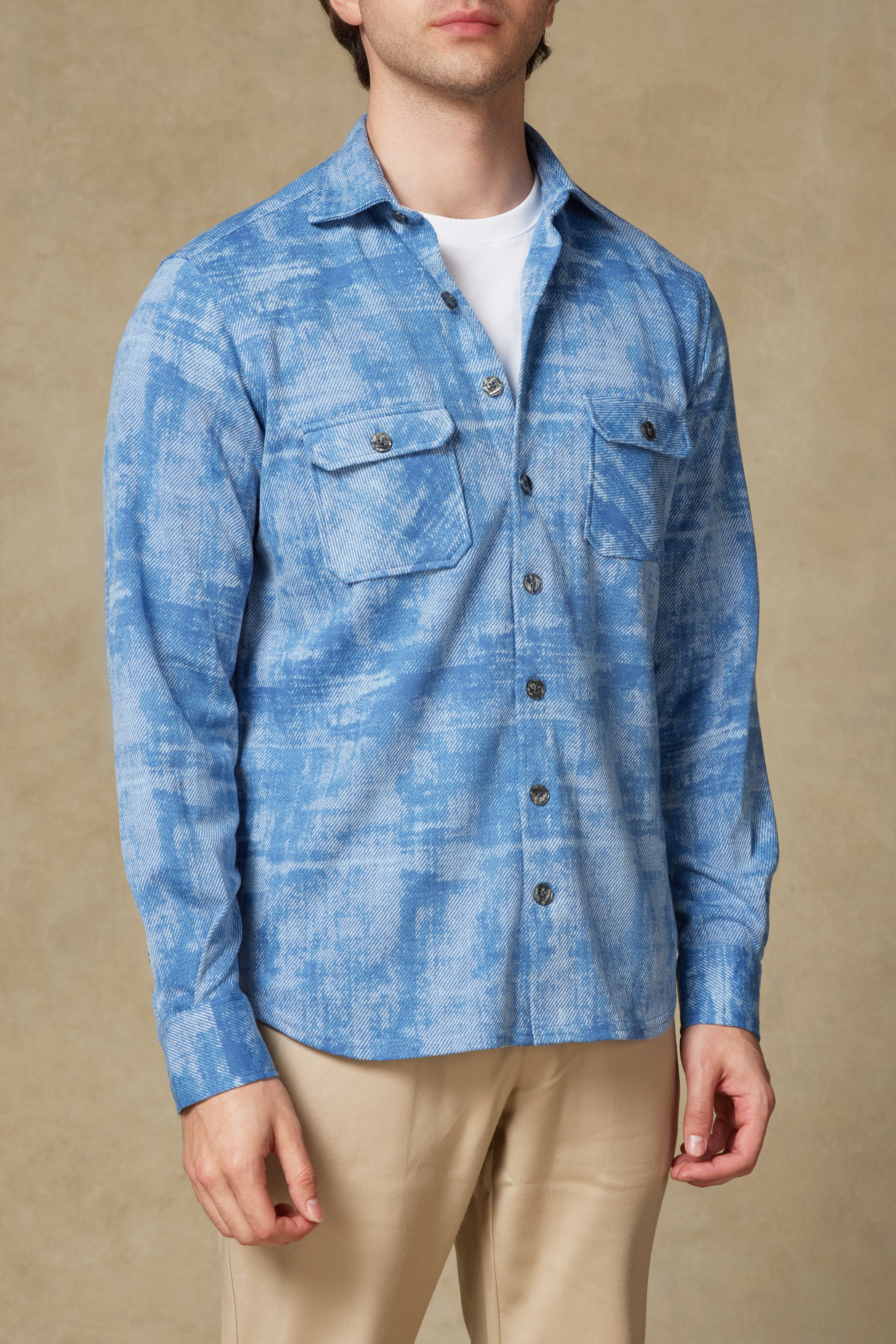 Abbate Legend Örme Kumaş Pamuk Karışımlı Overshirt Fit Açık Mavi Klasik Yaka Erkek Desenli Gömlek Ceket