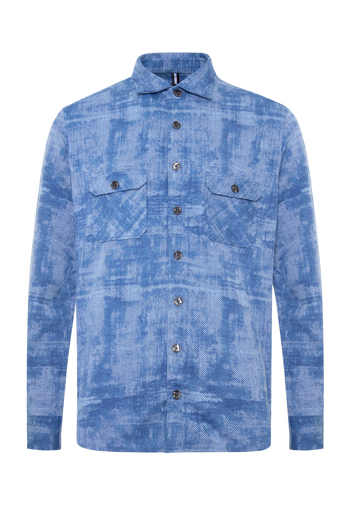 Abbate Legend Örme Kumaş Pamuk Karışımlı Overshirt Fit Açık Mavi Klasik Yaka Erkek Desenli Gömlek Ceket