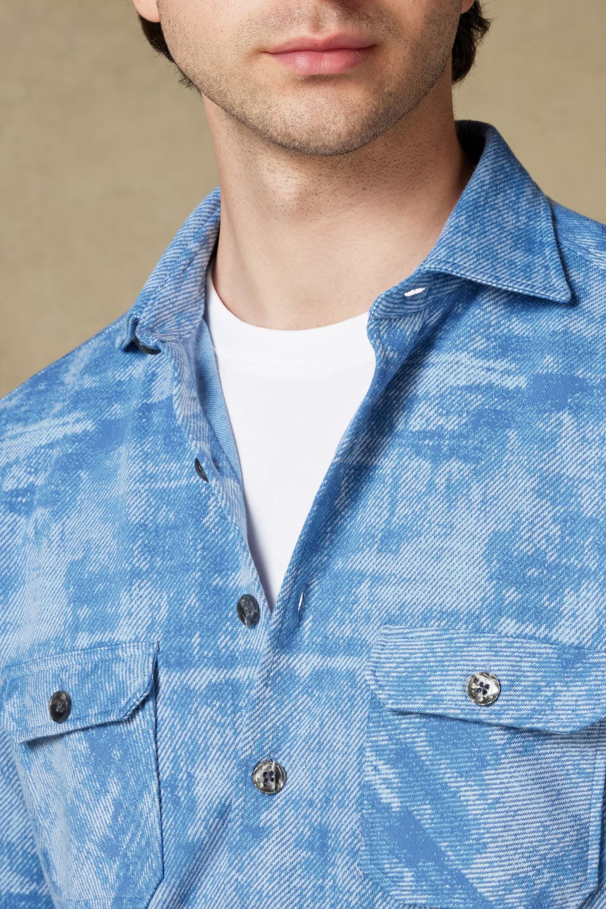 Abbate Legend Örme Kumaş Pamuk Karışımlı Overshirt Fit Açık Mavi Klasik Yaka Erkek Desenli Gömlek Ceket