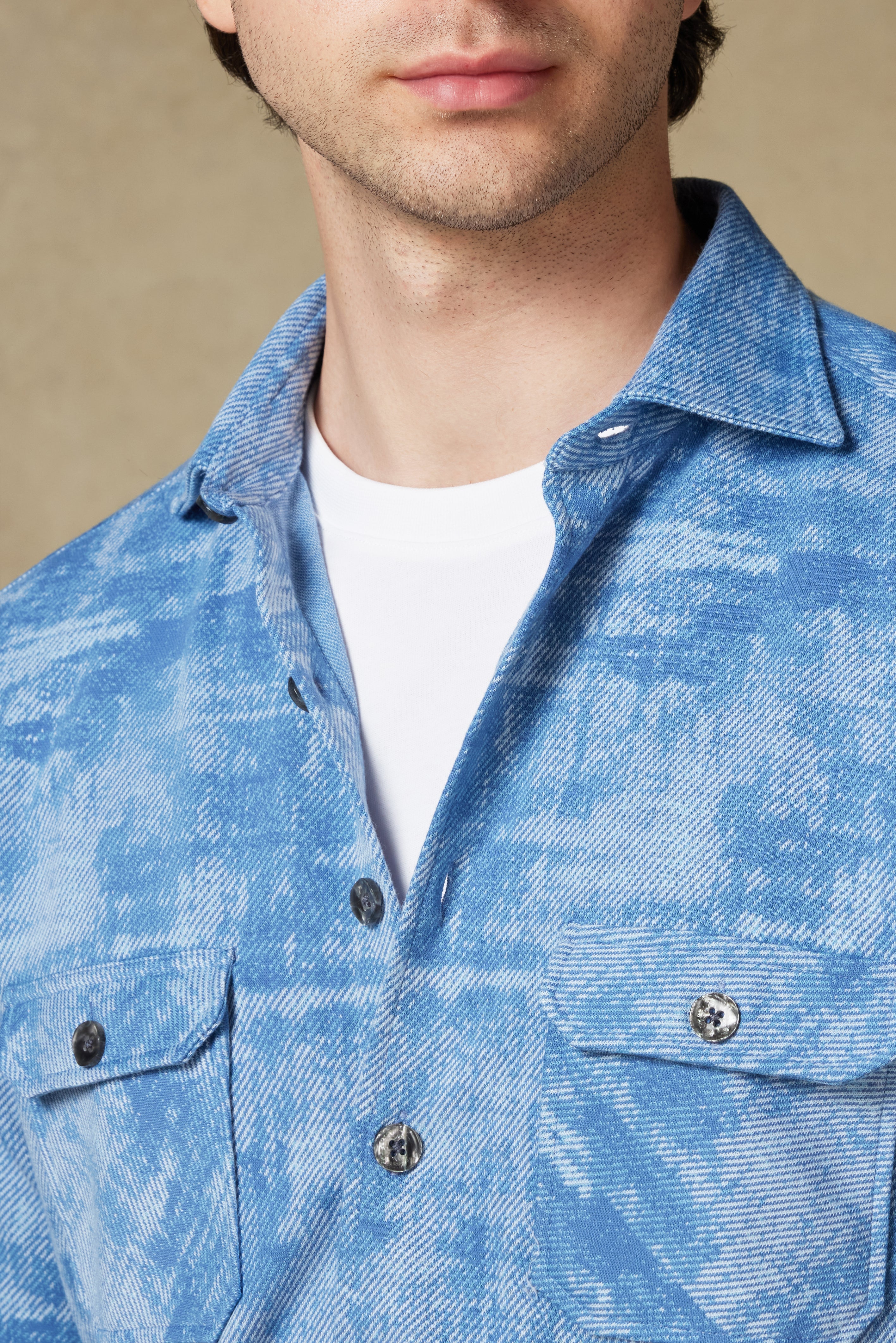 Abbate Legend Örme Kumaş Pamuk Karışımlı Overshirt Fit Açık Mavi Klasik Yaka Erkek Desenli Gömlek Ceket