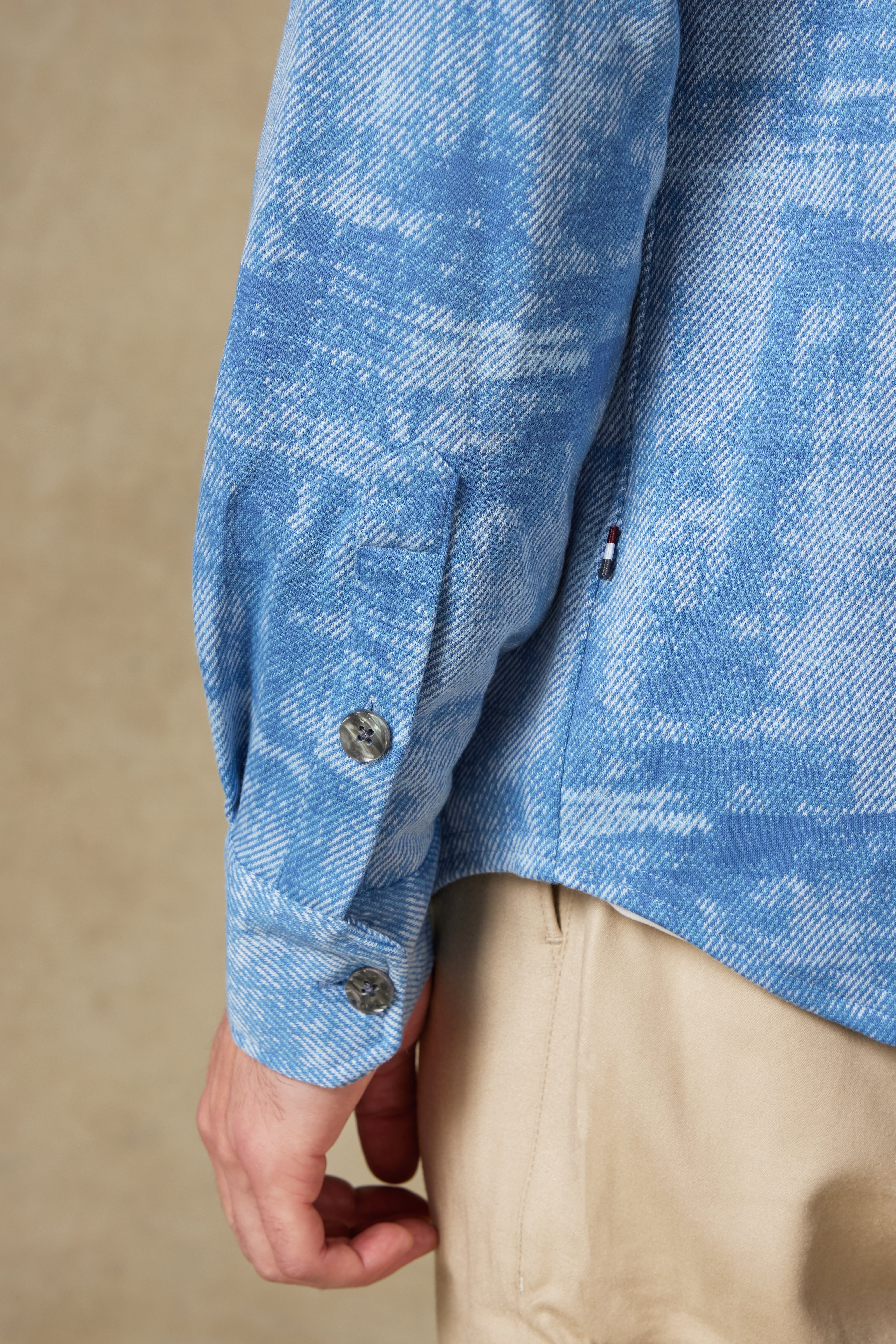 Abbate Legend Örme Kumaş Pamuk Karışımlı Overshirt Fit Açık Mavi Klasik Yaka Erkek Desenli Gömlek Ceket