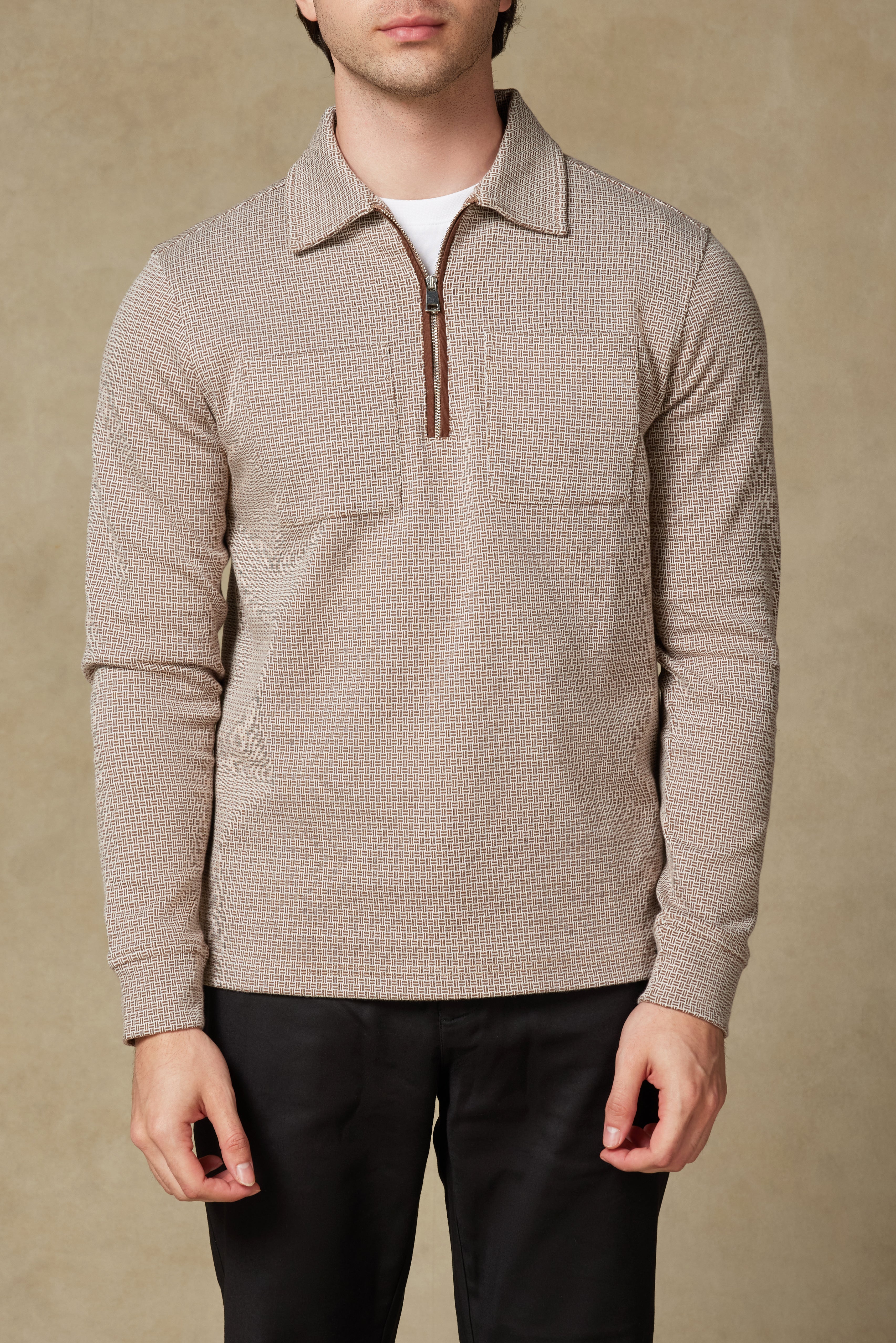 Abbate Milo Örme Kumaş Pamuklu Modern Fit Kahverengi Polo Yaka Erkek Desenli Sweatshirt