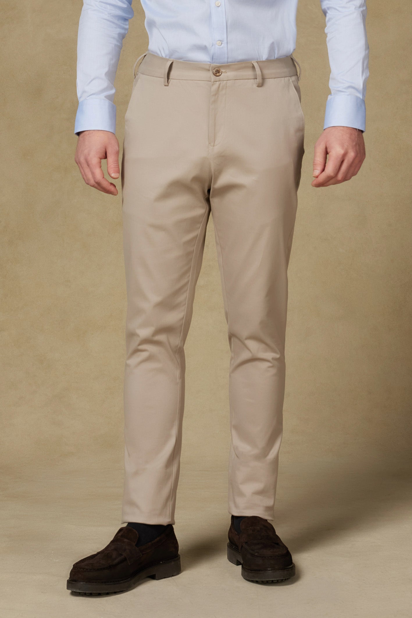 Abbate Prime Chino Poplin Stretch Pamuk Karışımlı Modern Fit Bej Erkek Düz Pantolon