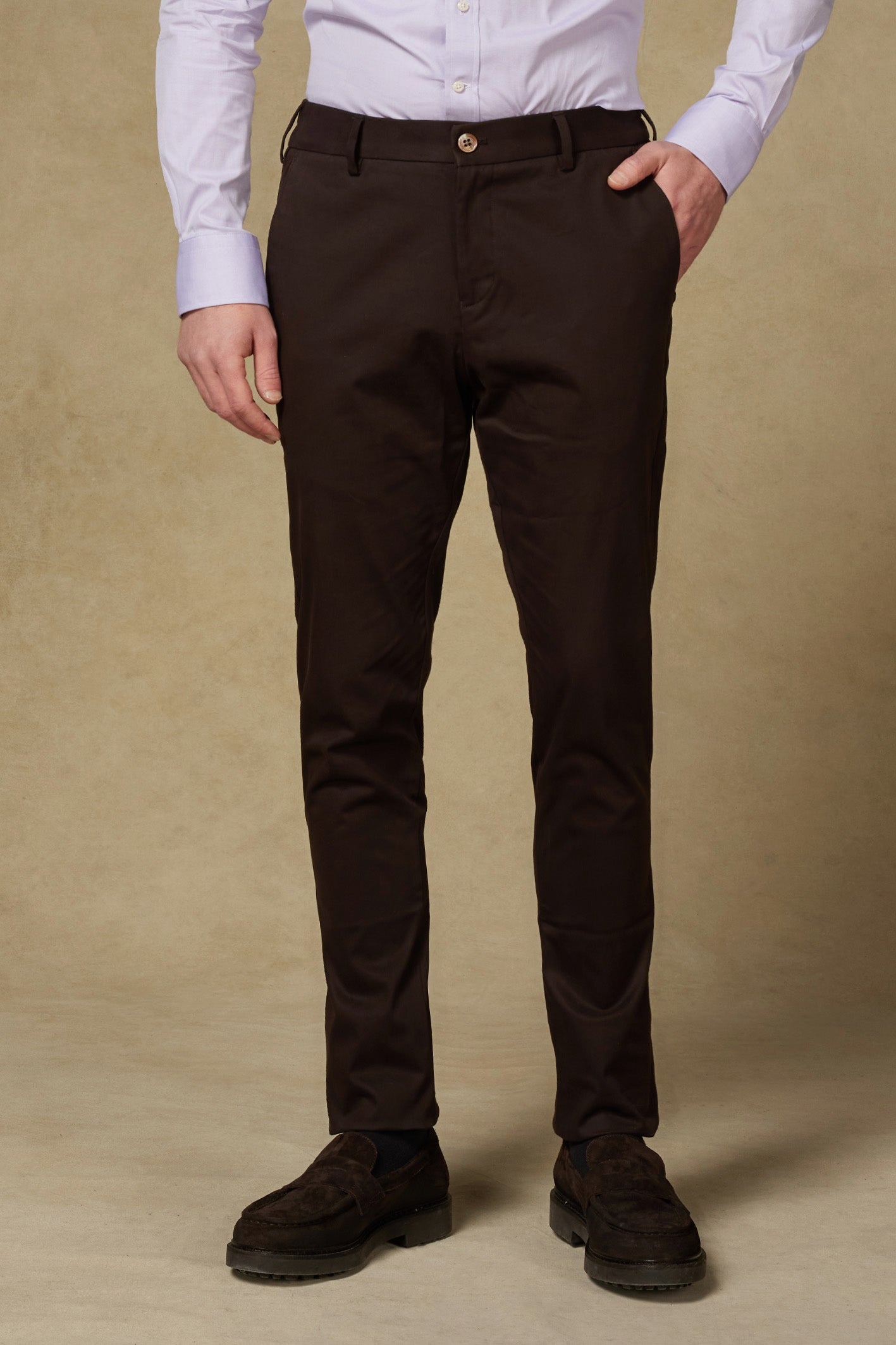 Abbate Prime Chino Poplin Stretch Pamuk Karışımlı Modern Fit Kahverengi Erkek Düz Pantolon