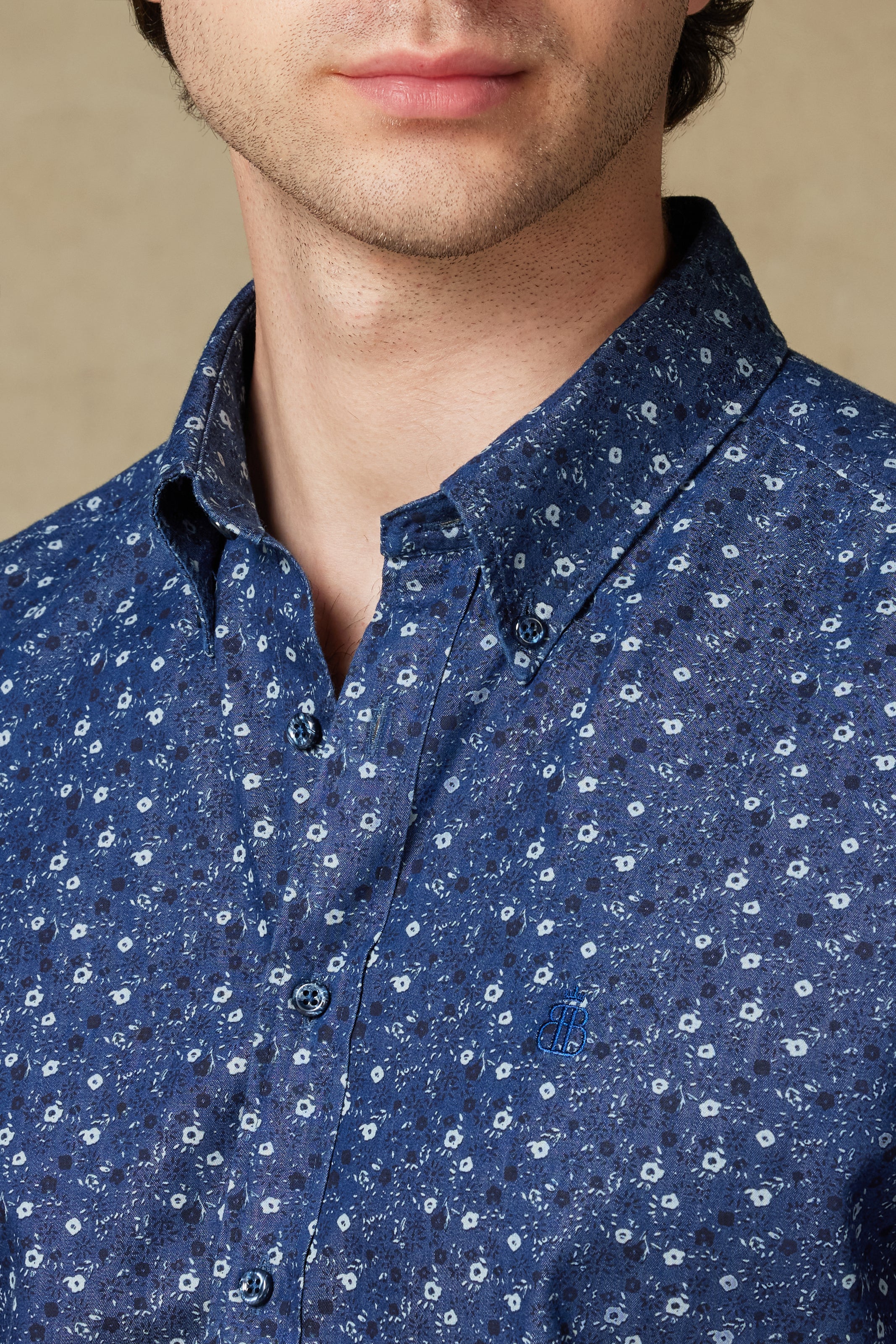 Abbate Natte Denim Pamuklu Comfort Fit Lacivert Düğmeli Yaka Erkek Desenli Gömlek