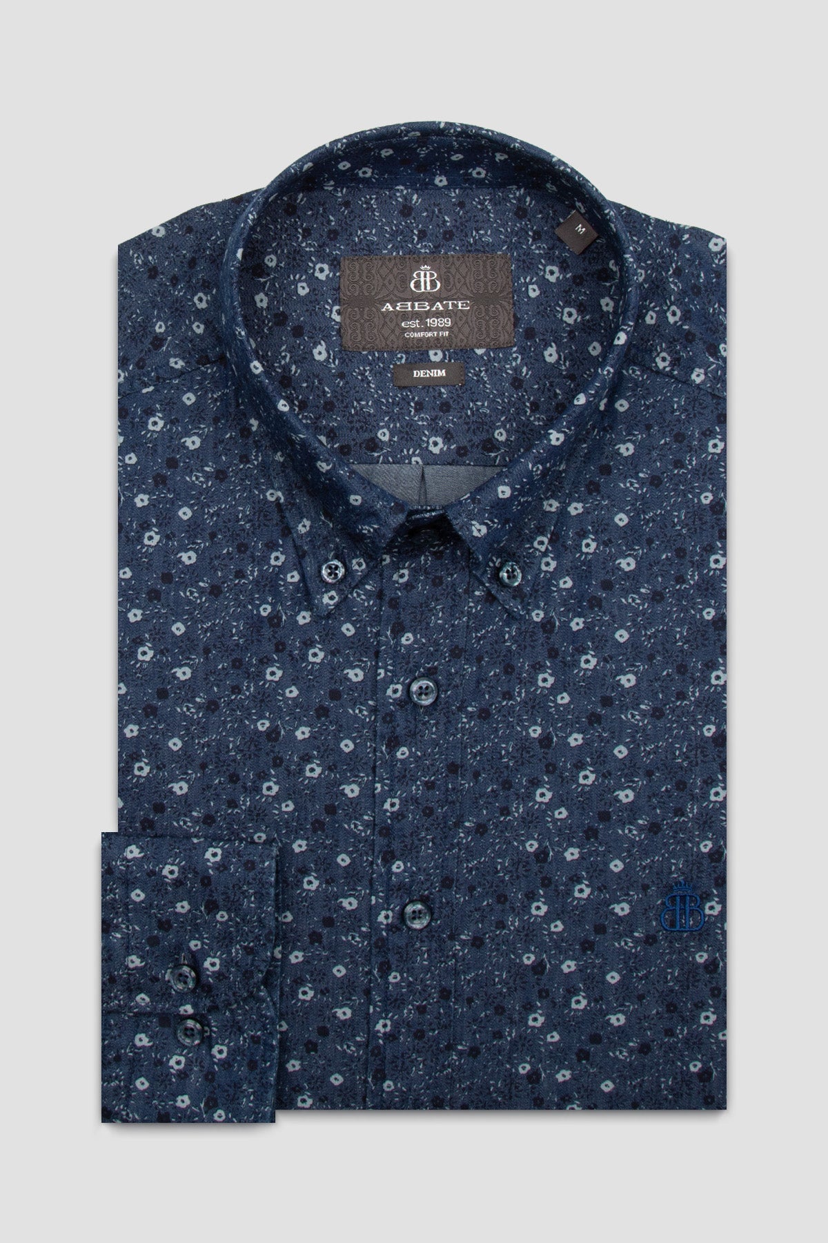 Abbate Natte Denim Pamuklu Comfort Fit Lacivert Düğmeli Yaka Erkek Desenli Gömlek