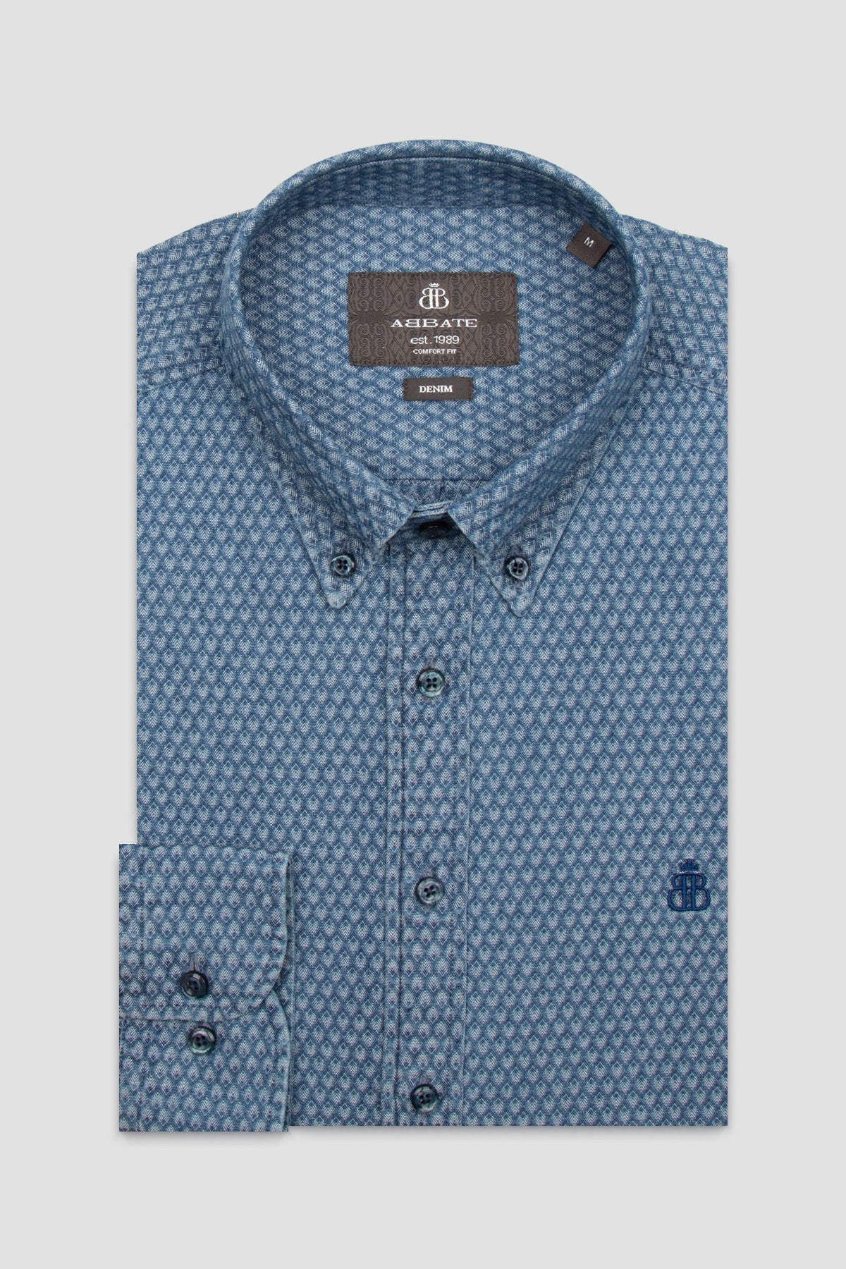 Abbate Natte Denim Pamuklu Comfort Fit Açık Mavi Düğmeli Yaka Erkek Desenli Gömlek