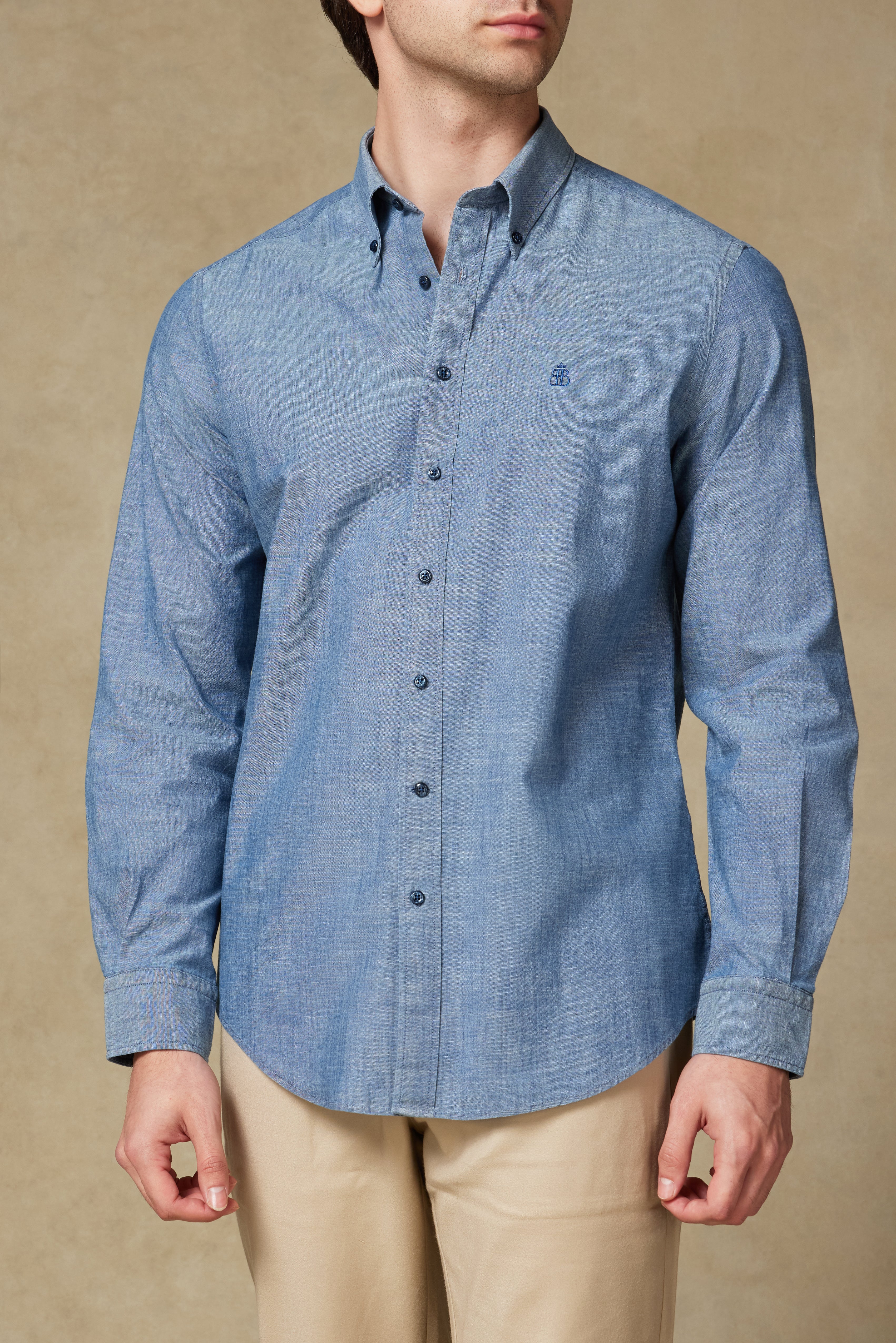 Abbate Natte Denim Pamuklu Comfort Fit Açık Mavi Düğmeli Yaka Erkek Düz Gömlek