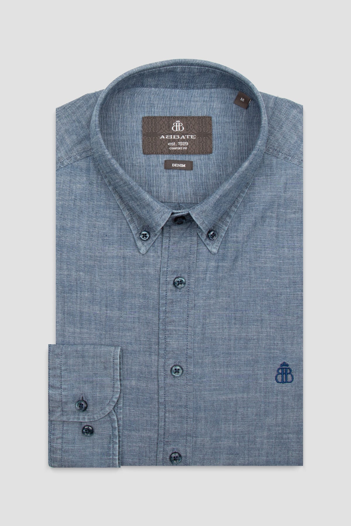 Abbate Natte Denim Pamuklu Comfort Fit Açık Mavi Düğmeli Yaka Erkek Düz Gömlek
