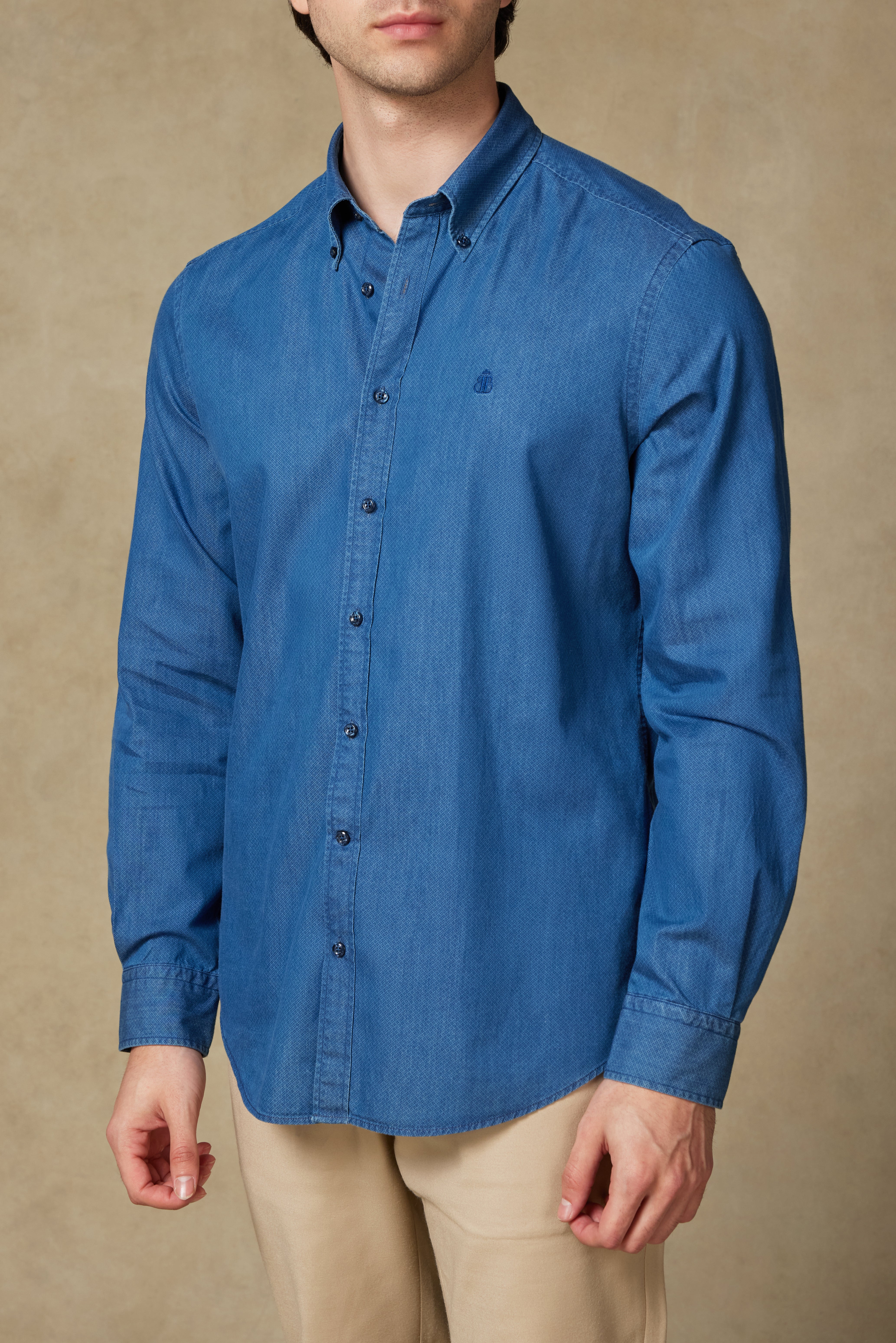 Abbate Natte Denim Pamuklu Comfort Fit Lacivert Düğmeli Yaka Erkek Düz Gömlek