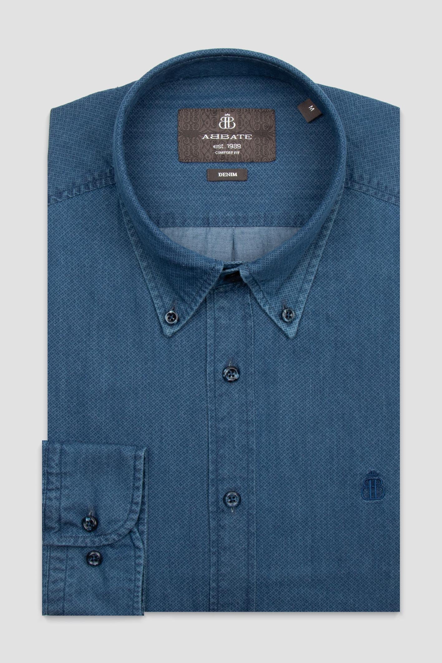 Abbate Natte Denim Pamuklu Comfort Fit Lacivert Düğmeli Yaka Erkek Düz Gömlek