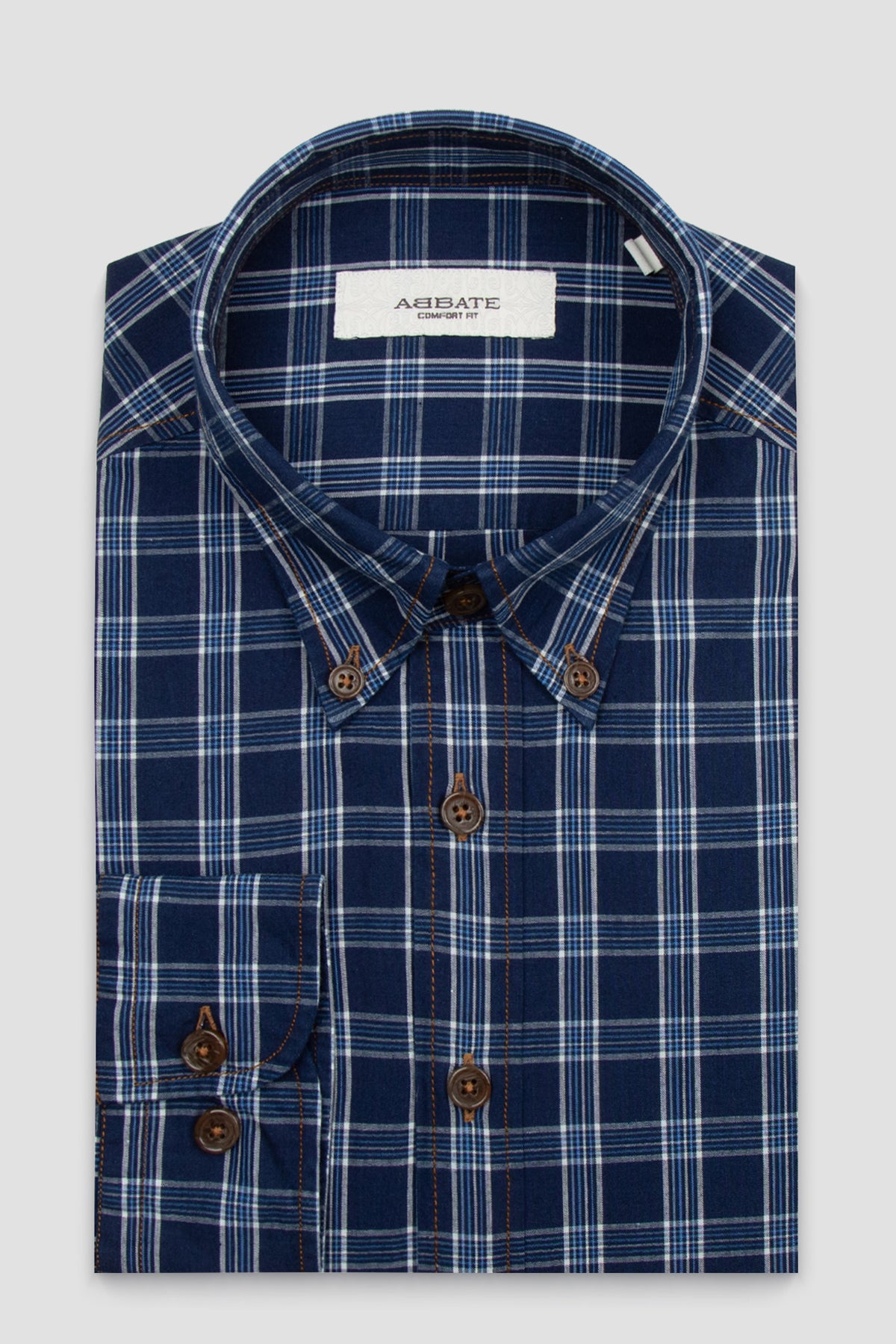 Abbate Natte Denim Pamuklu Comfort Fit Lacivert Düğmeli Yaka Erkek Kareli Gömlek