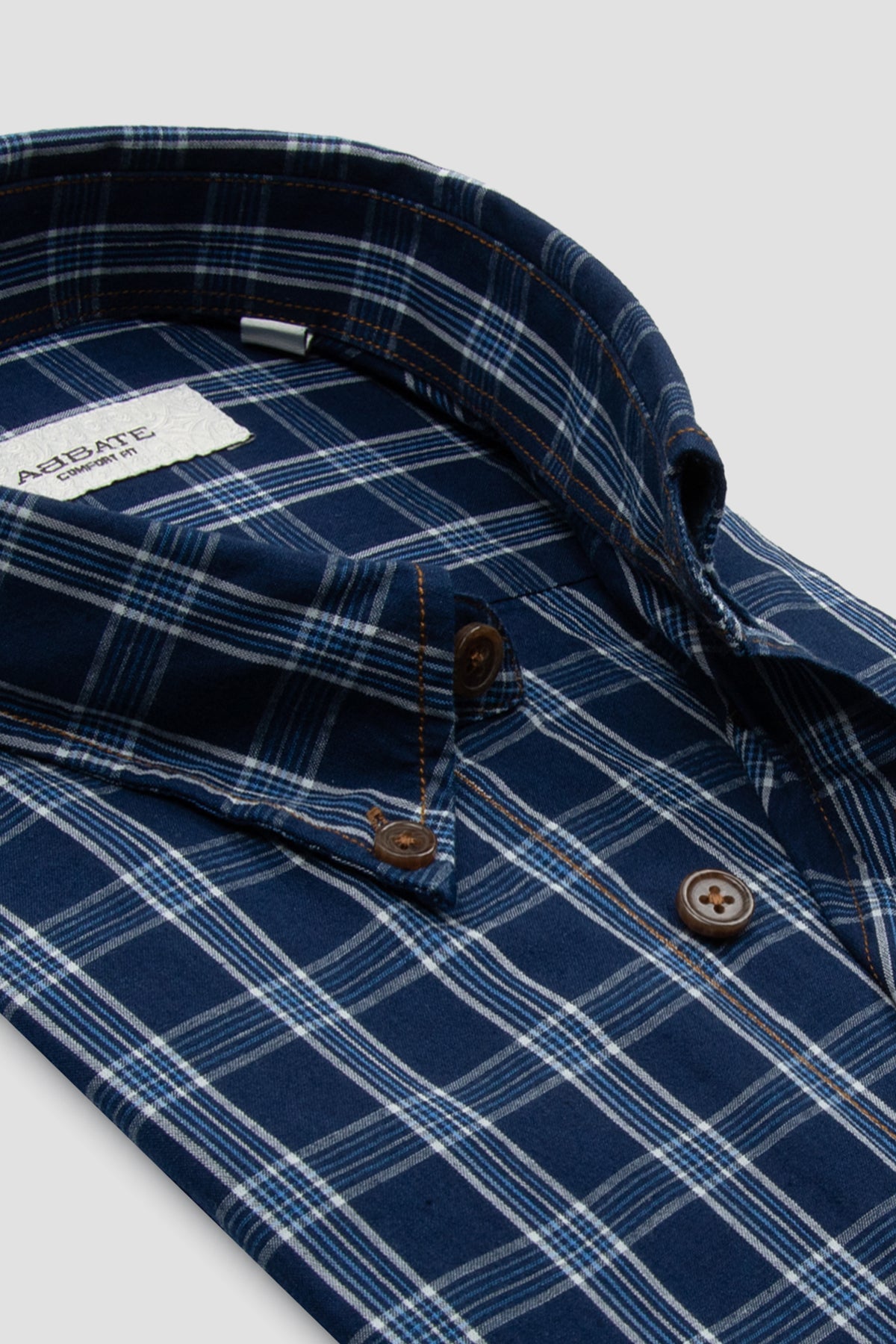 Abbate Natte Denim Pamuklu Comfort Fit Lacivert Düğmeli Yaka Erkek Kareli Gömlek