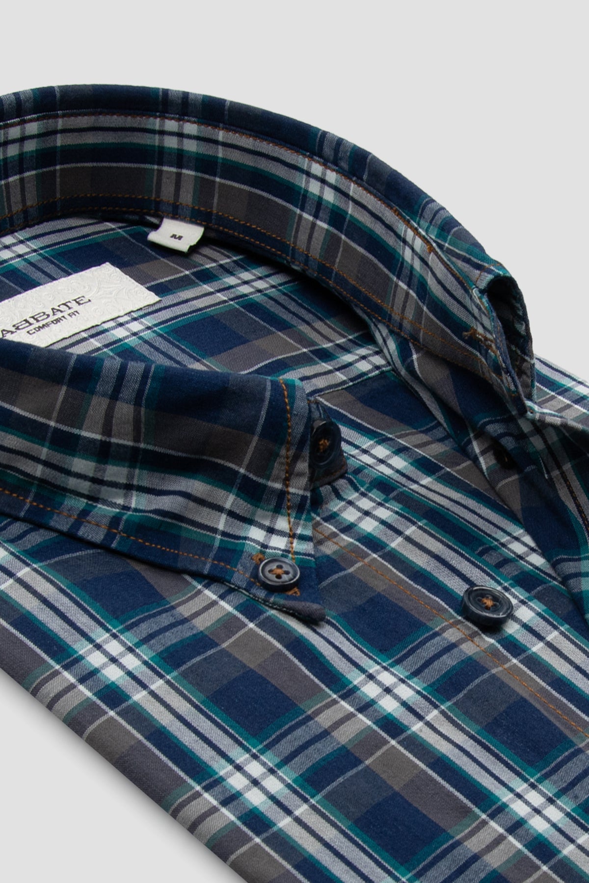 Abbate Natte Denim Pamuklu Comfort Fit Lacivert Düğmeli Yaka Erkek Ekoseli Gömlek