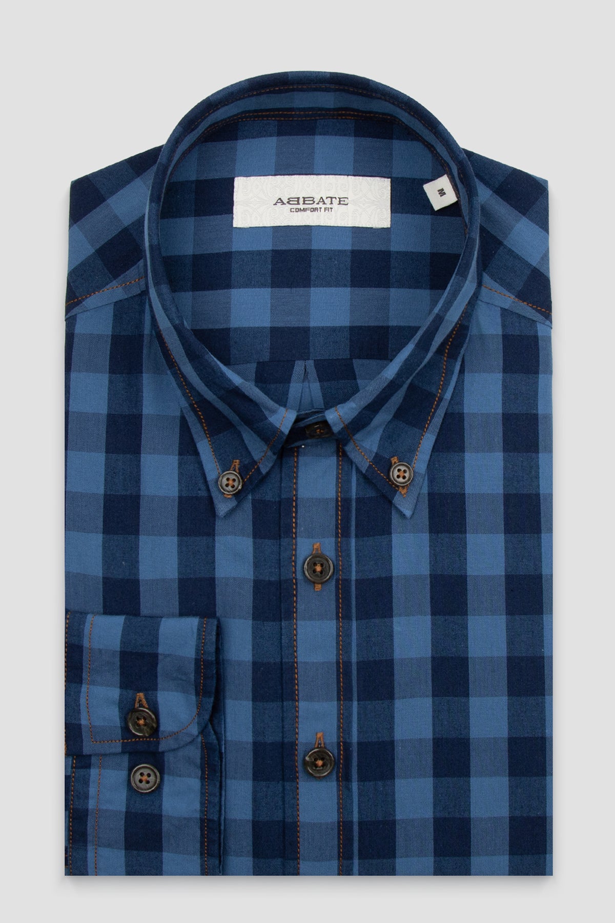 Abbate Natte Denim Pamuklu Comfort Fit Lacivert Düğmeli Yaka Erkek Kareli Gömlek