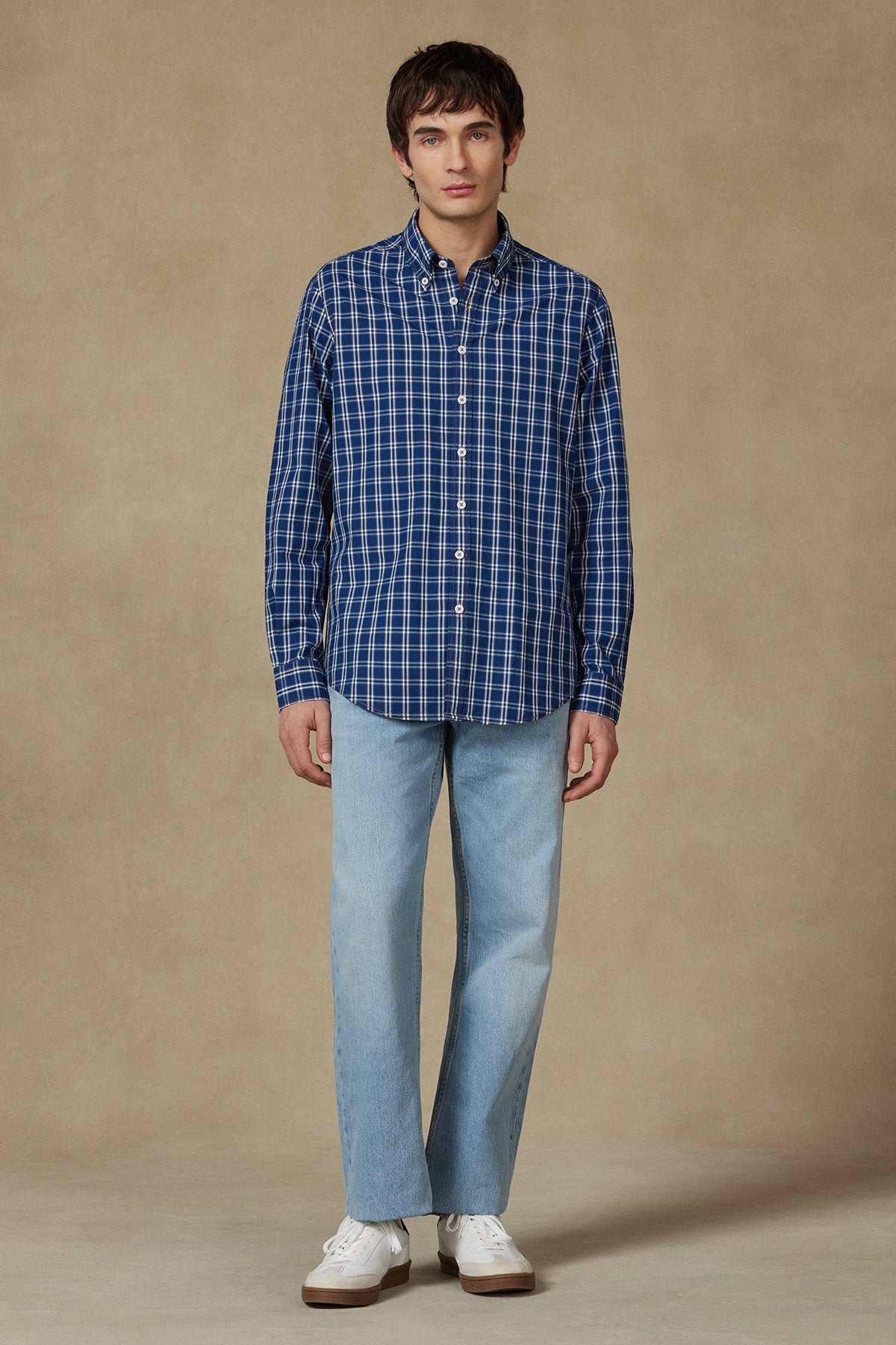 Abbate Natte Denim Pamuklu Comfort Fit Lacivert Düğmeli Yaka Erkek Kareli Gömlek