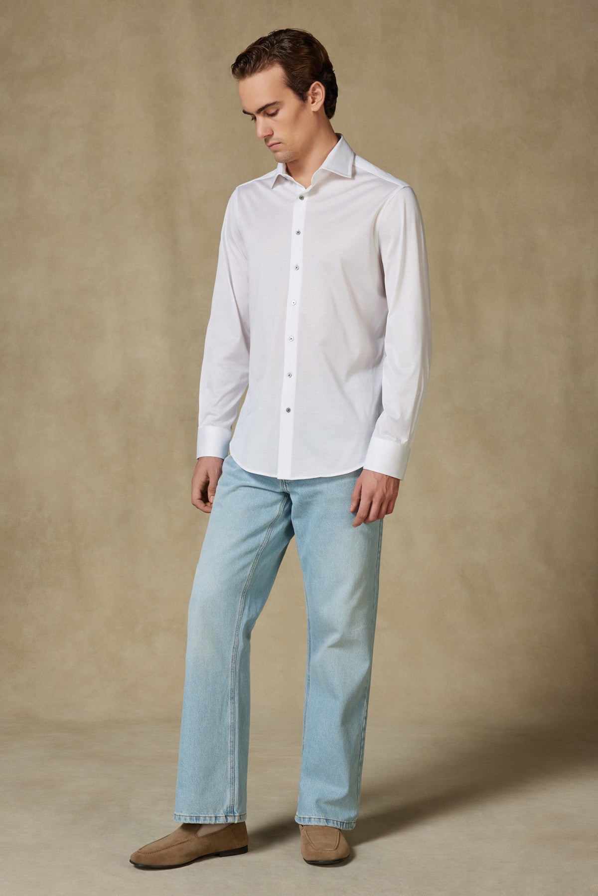 Abbate Celvo Jersey Pamuklu Comfort Fit Beyaz Klasik Yaka Erkek Düz Gömlek