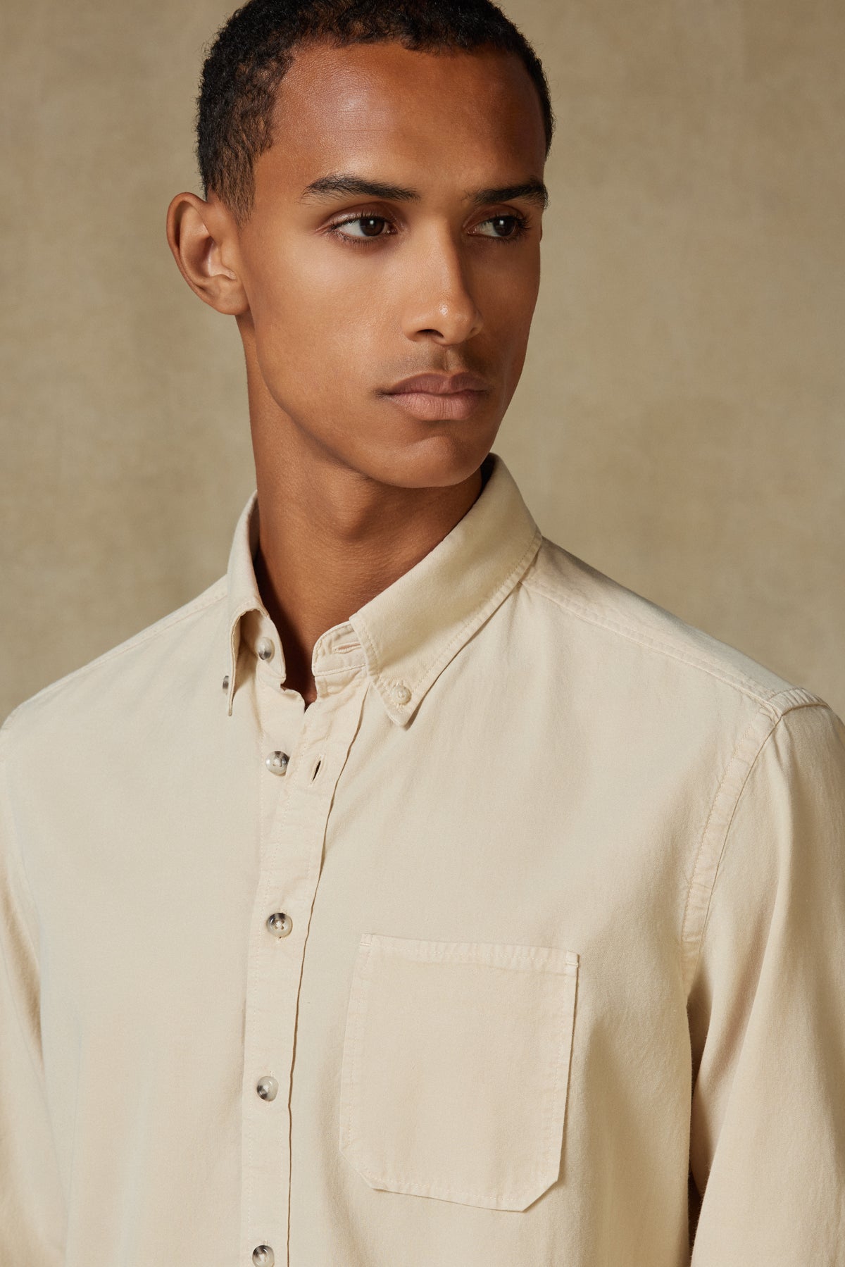 Abbate Federico Dokuma Tencel (Lyocell) Comfort Fit Ekru Düğmeli Yaka Erkek Düz Gömlek