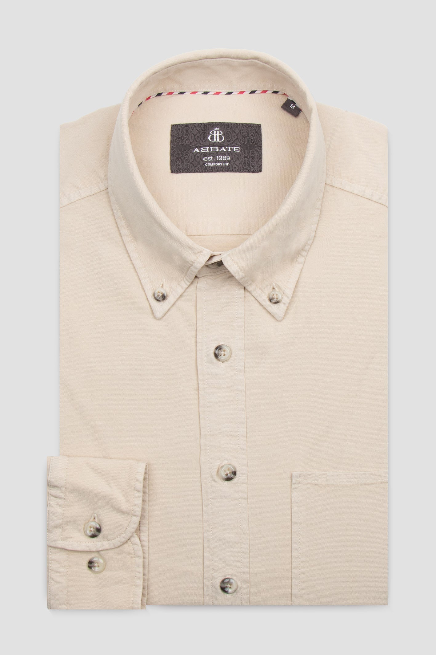 Abbate Federico Dokuma Tencel (Lyocell) Comfort Fit Ekru Düğmeli Yaka Erkek Düz Gömlek