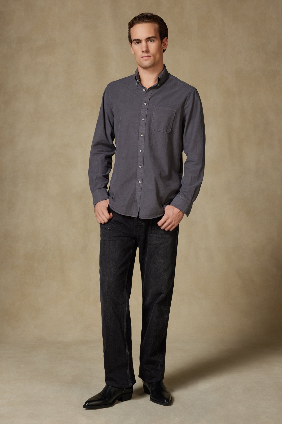 Abbate Federico Dokuma Tencel (Lyocell) Comfort Fit Koyu Gri Düğmeli Yaka Erkek Düz Gömlek