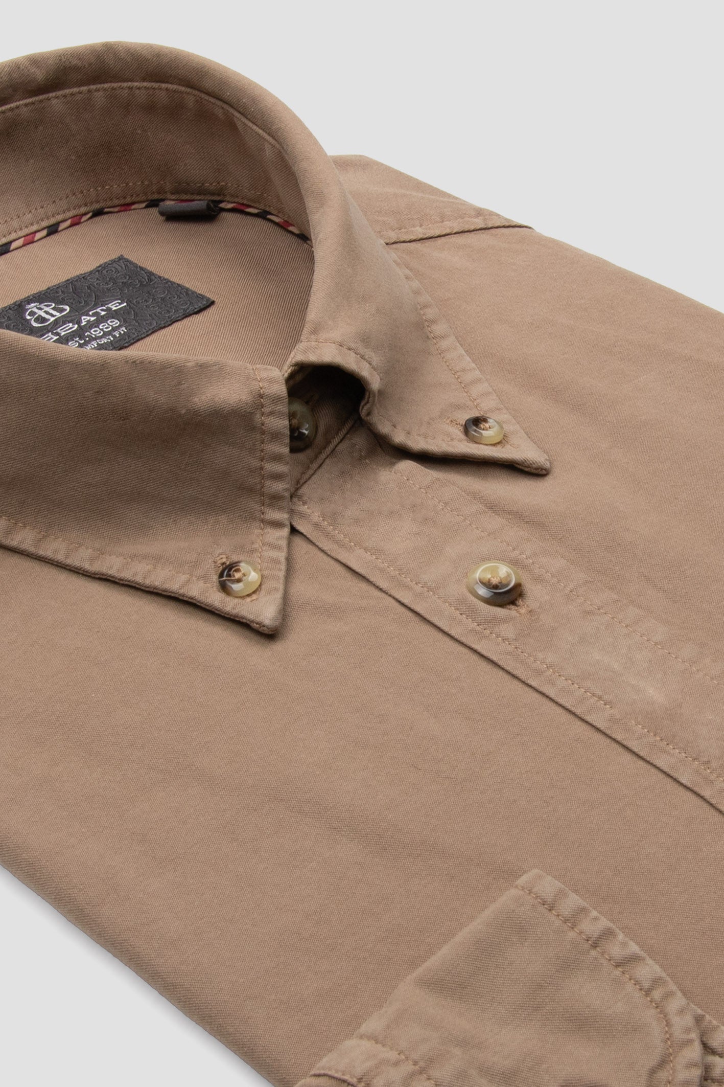 Abbate Federico Dokuma Tencel (Lyocell) Comfort Fit Bej Düğmeli Yaka Erkek Düz Gömlek