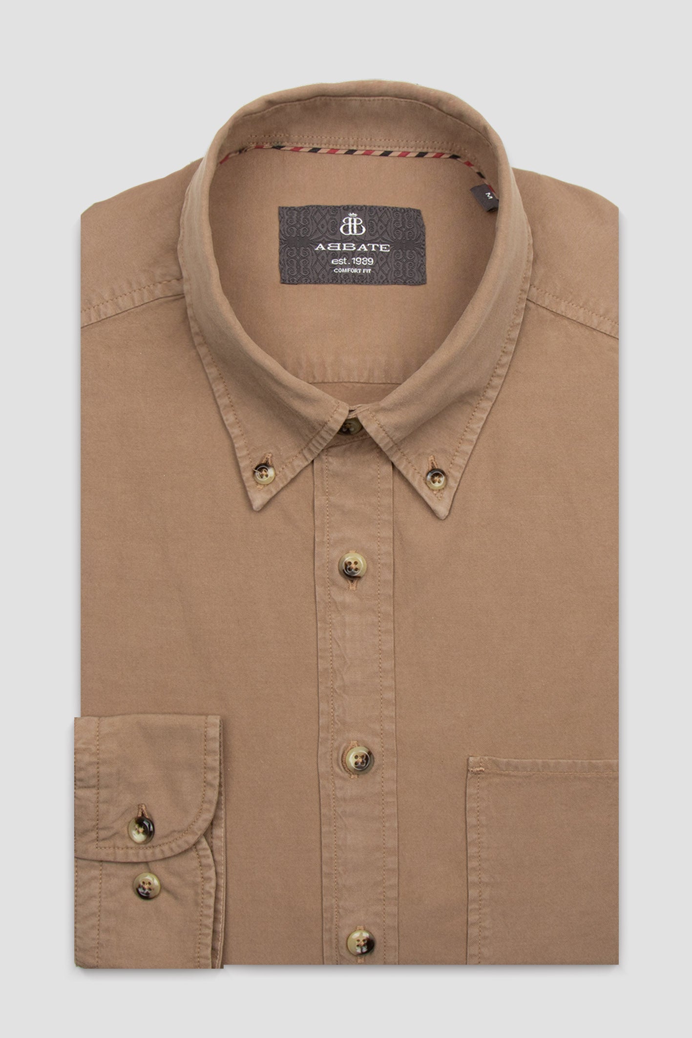 Abbate Federico Dokuma Tencel (Lyocell) Comfort Fit Bej Düğmeli Yaka Erkek Düz Gömlek