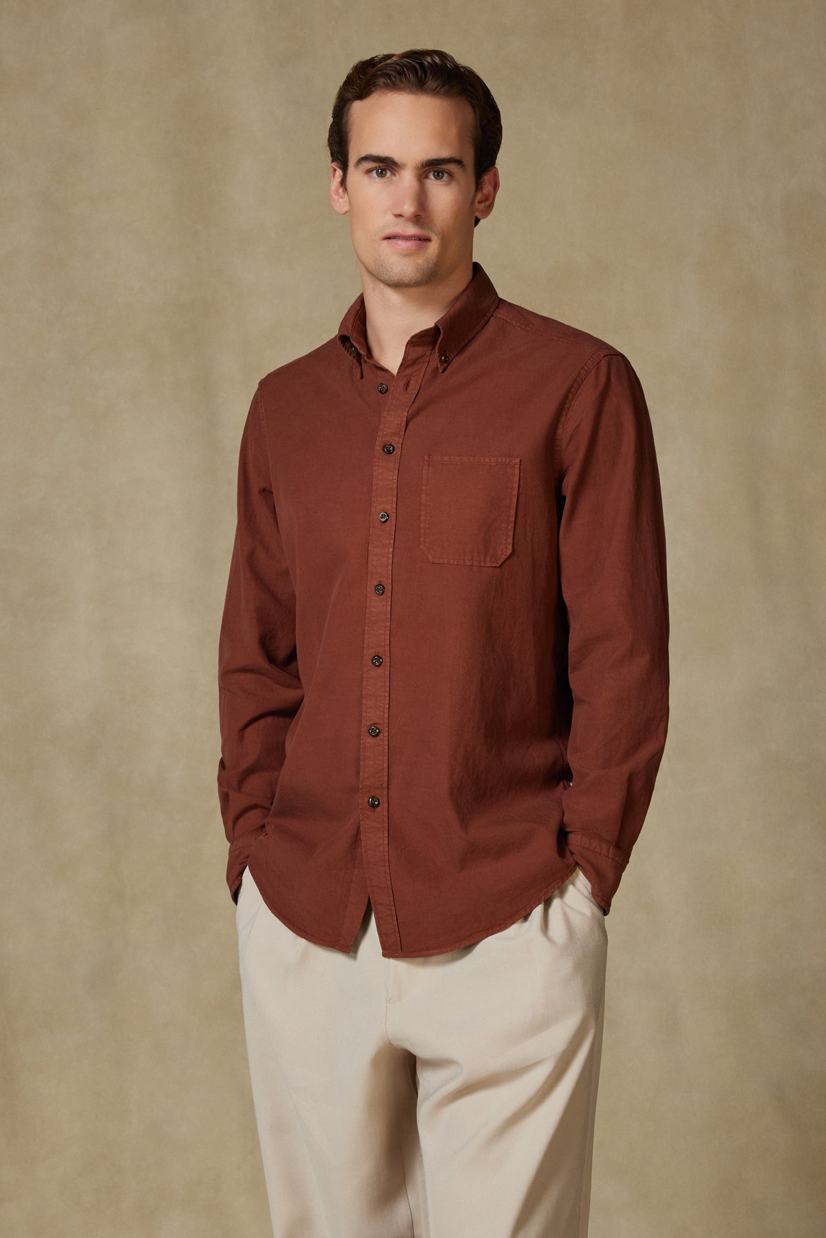 Abbate Federico Dokuma Tencel (Lyocell) Comfort Fit Kahverengi Düğmeli Yaka Erkek Düz Gömlek