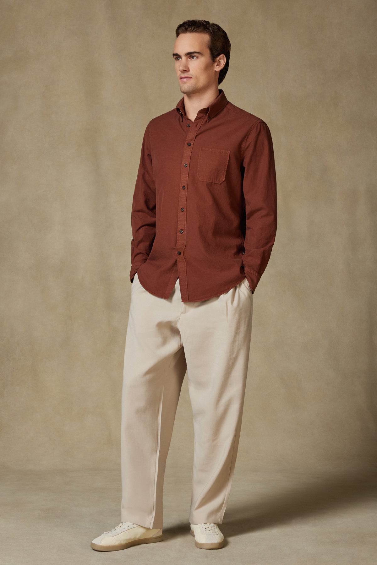 Abbate Federico Dokuma Tencel (Lyocell) Comfort Fit Kahverengi Düğmeli Yaka Erkek Düz Gömlek