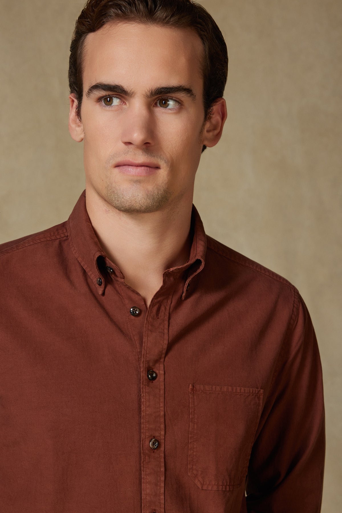 Abbate Federico Dokuma Tencel (Lyocell) Comfort Fit Kahverengi Düğmeli Yaka Erkek Düz Gömlek