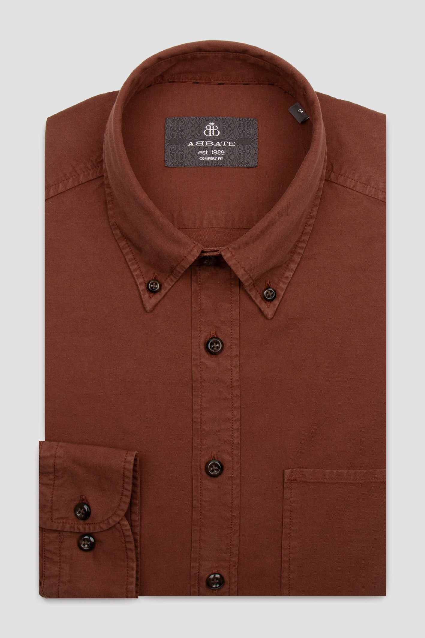 Abbate Federico Dokuma Tencel (Lyocell) Comfort Fit Kahverengi Düğmeli Yaka Erkek Düz Gömlek