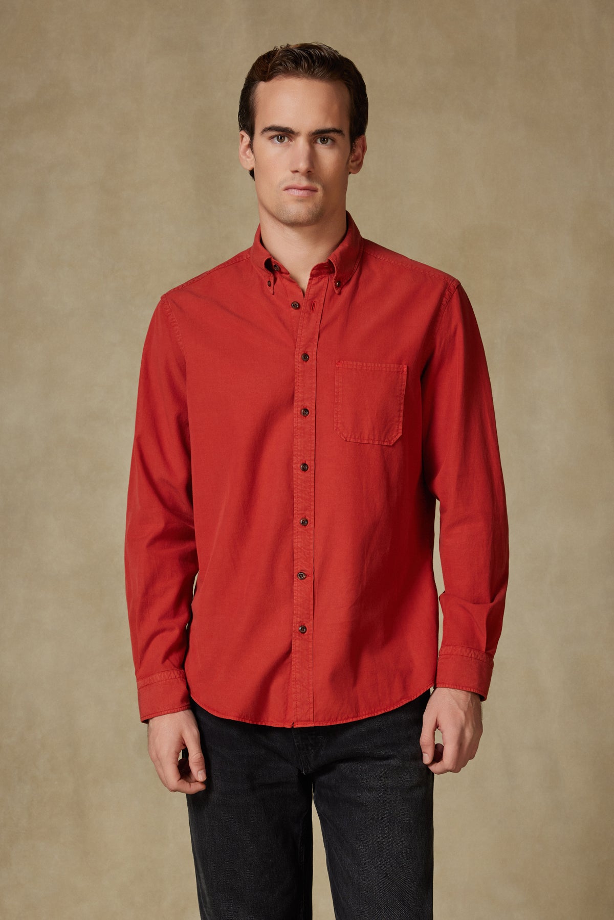 Abbate Federico Dokuma Tencel (Lyocell) Comfort Fit Kiremit Düğmeli Yaka Erkek Düz Gömlek