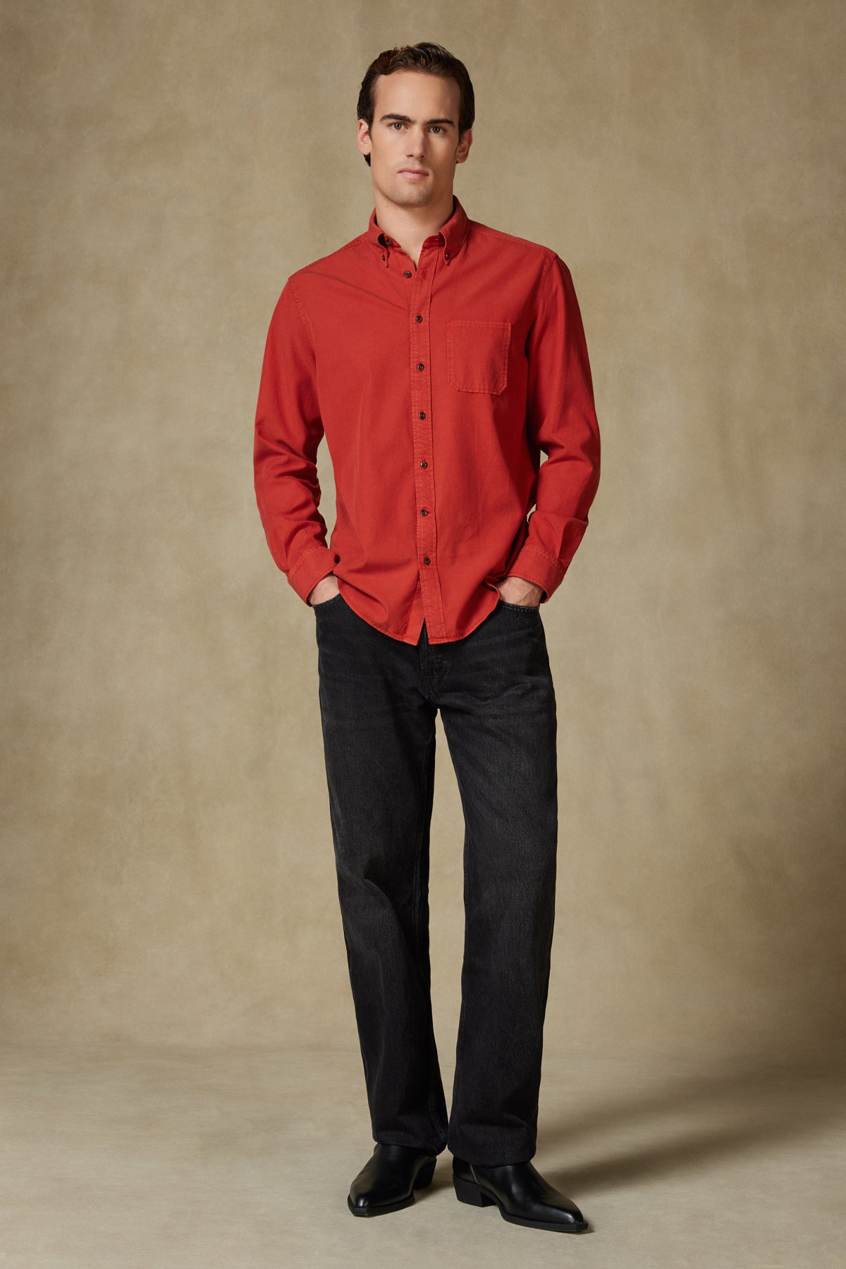 Abbate Federico Dokuma Tencel (Lyocell) Comfort Fit Kiremit Düğmeli Yaka Erkek Düz Gömlek