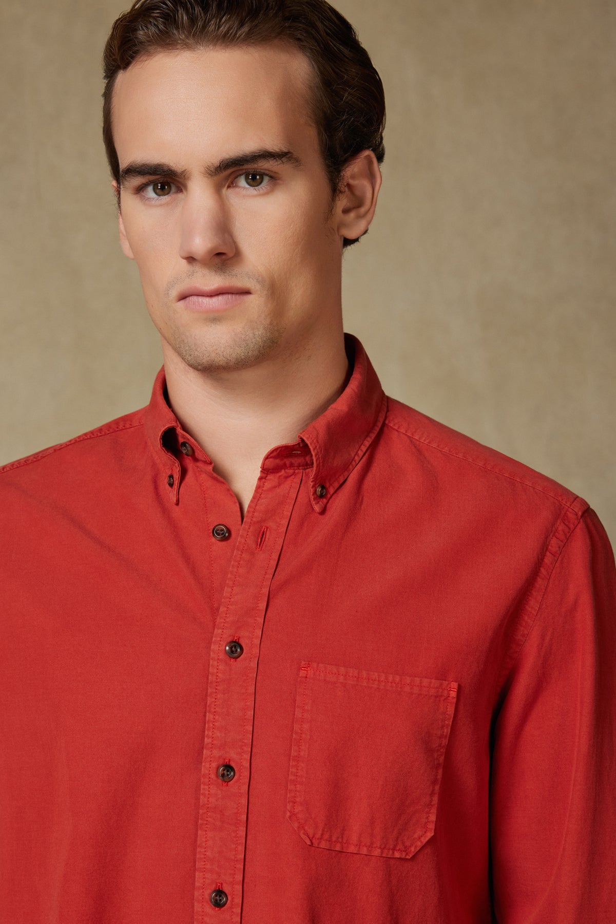 Abbate Federico Dokuma Tencel (Lyocell) Comfort Fit Kiremit Düğmeli Yaka Erkek Düz Gömlek