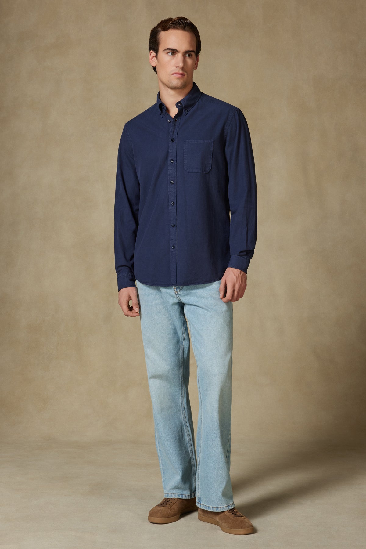 Abbate Federico Dokuma Tencel (Lyocell) Comfort Fit Lacivert Düğmeli Yaka Erkek Düz Gömlek