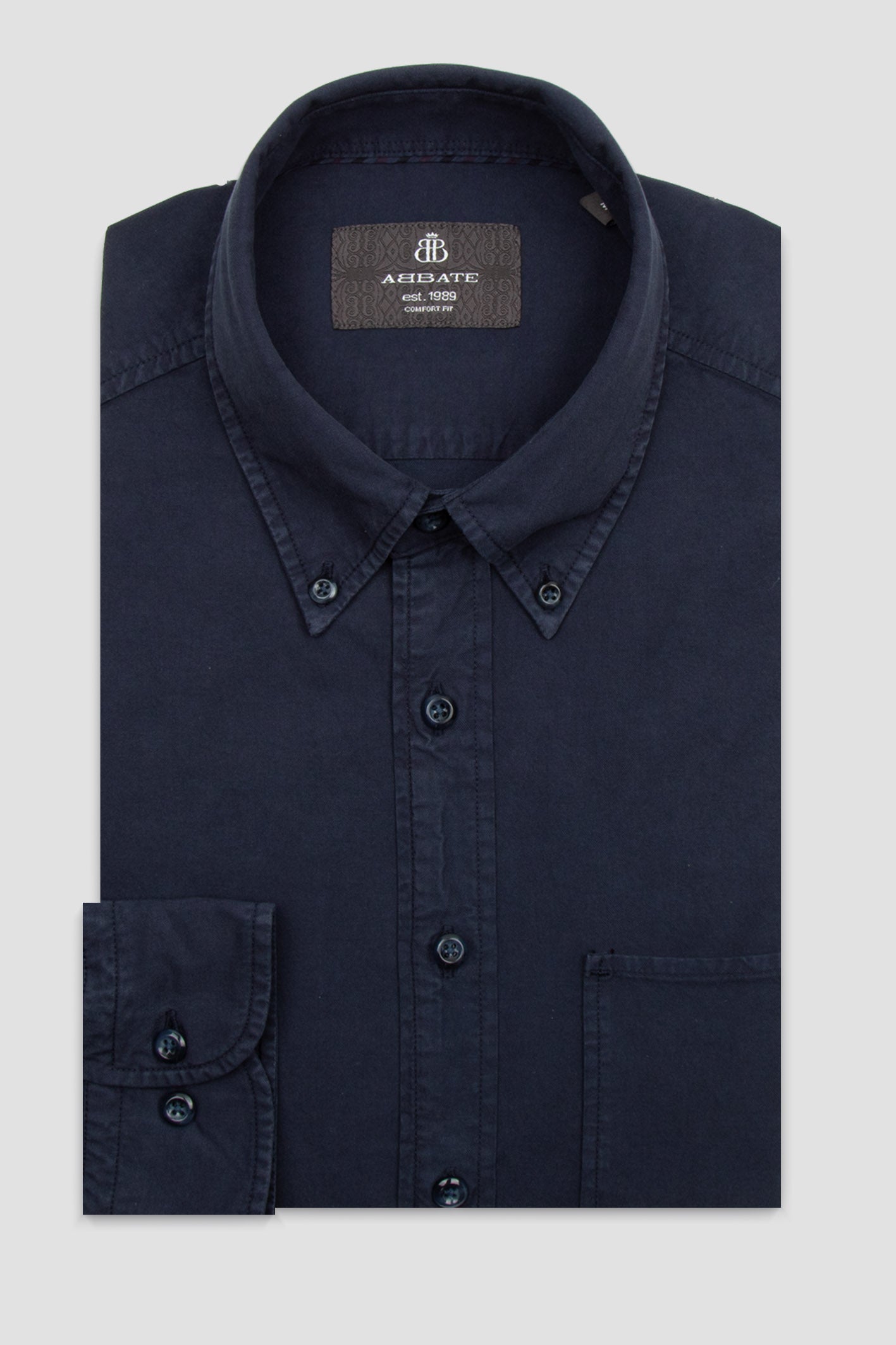 Abbate Federico Dokuma Tencel (Lyocell) Comfort Fit Lacivert Düğmeli Yaka Erkek Düz Gömlek