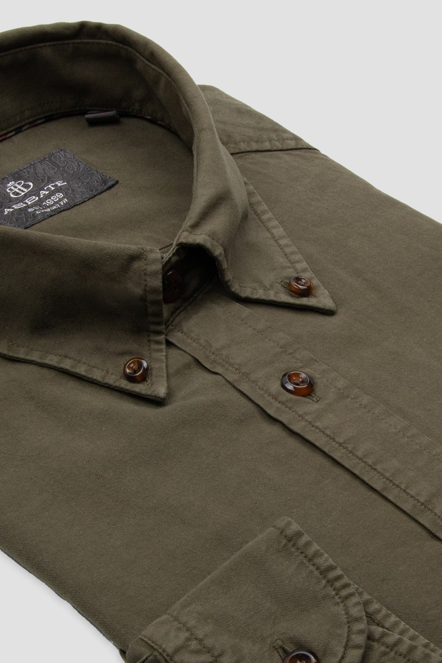 Abbate Federico Dokuma Tencel (Lyocell) Comfort Fit Haki Düğmeli Yaka Erkek Düz Gömlek