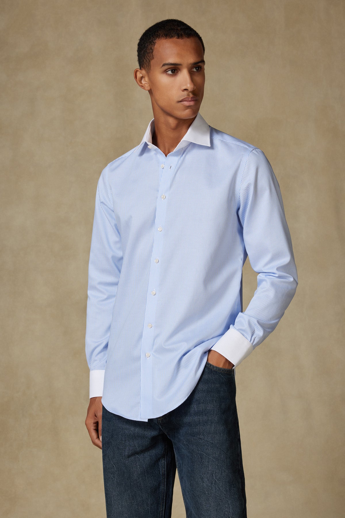 Abbate Grant Non Iron Twill %100 Pamuk Slim Fit Açık Mavi Klasik Yaka Erkek Çizgili Gömlek