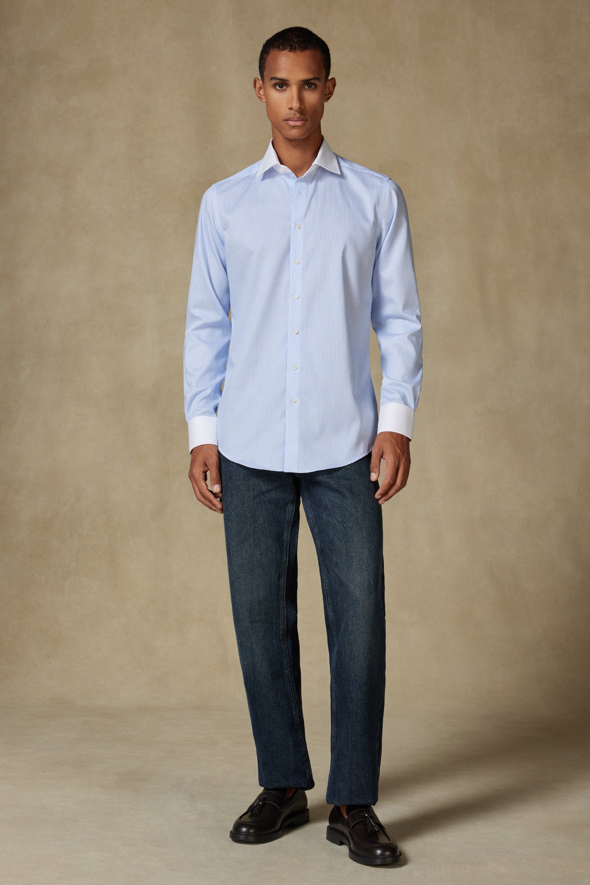 Abbate Grant Non Iron Twill Pamuklu Slim Fit Açık Mavi Klasik Yaka Erkek Çizgili Gömlek