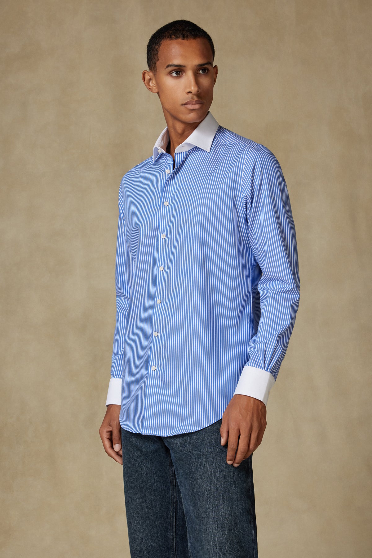 Abbate Grant Non Iron Twill %100 Pamuk Slim Fit Koyu Mavi Klasik Yaka Erkek Çizgili Gömlek