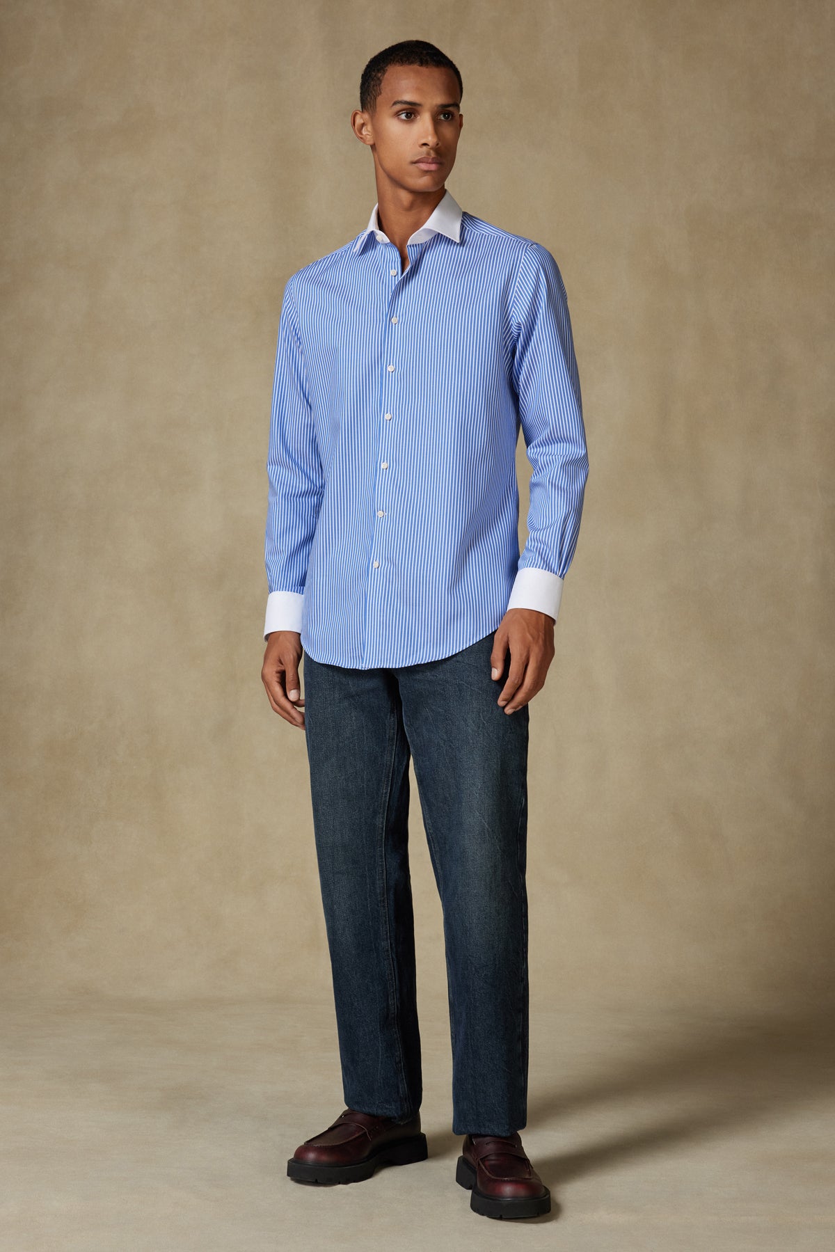 Abbate Grant Non Iron Twill Pamuklu Slim Fit Koyu Mavi Klasik Yaka Erkek Çizgili Gömlek