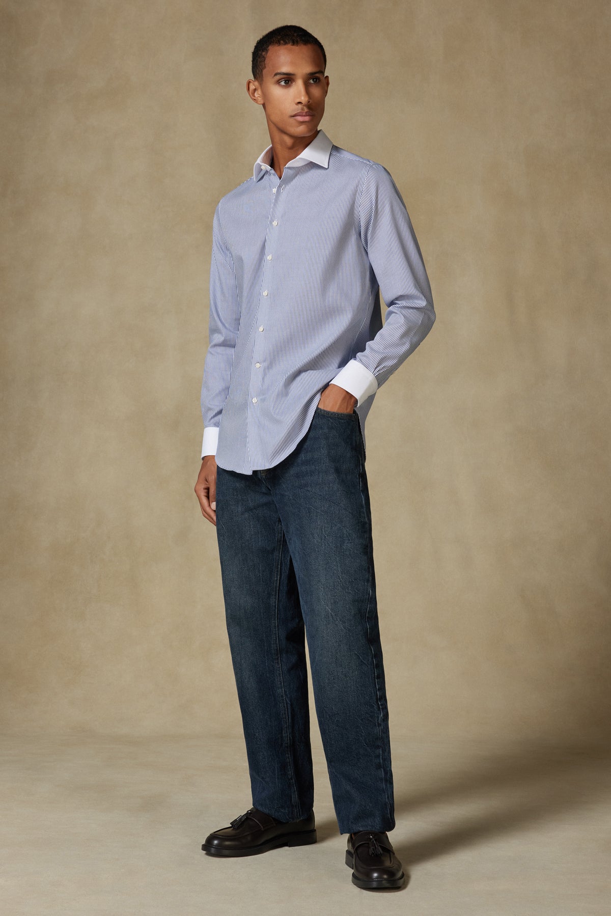 Abbate Grant Non Iron Twill Pamuklu Slim Fit Lacivert Klasik Yaka Erkek Çizgili Gömlek