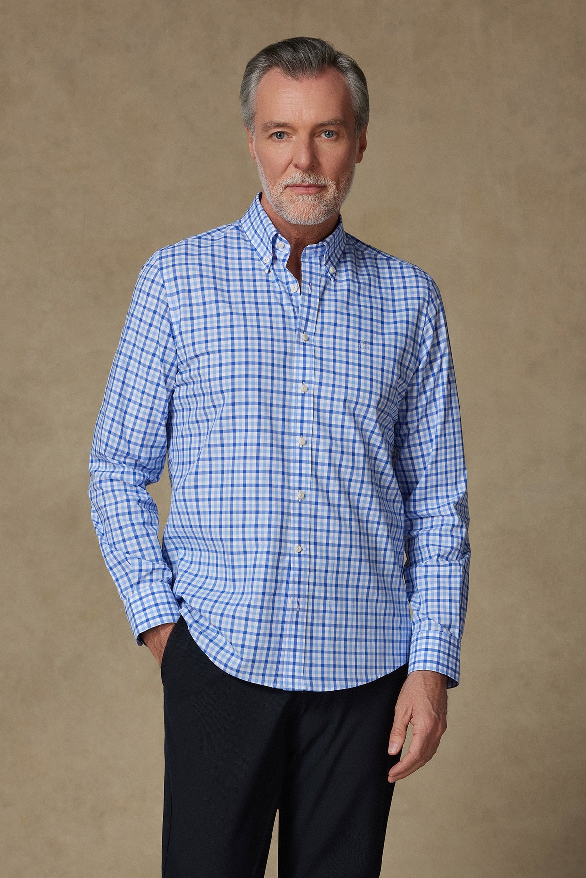 Abbate Dante Poplin Pamuklu Comfort Fit Açık Mavi Düğmeli Yaka Erkek Kareli Gömlek