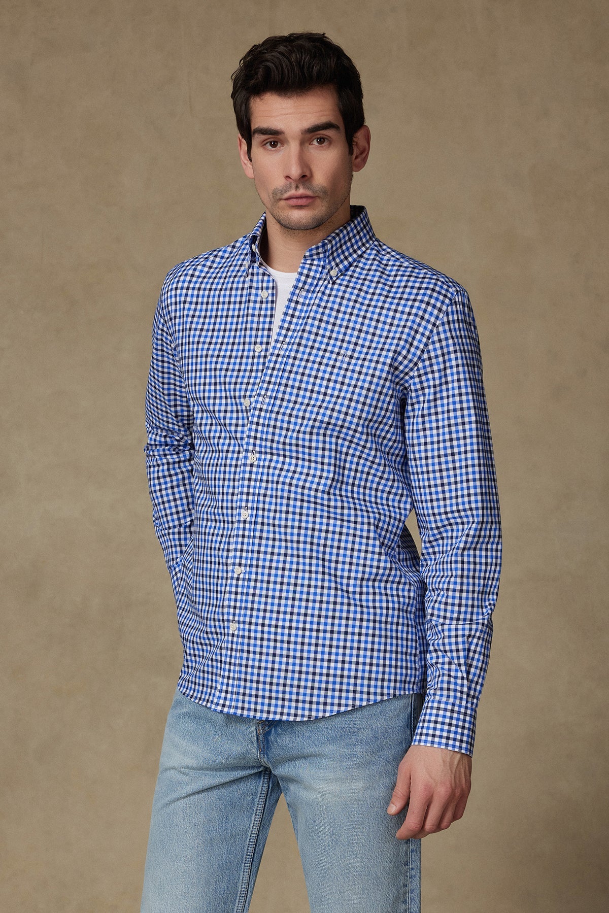 Abbate Dante Poplin Pamuklu Comfort Fit Koyu Mavi Düğmeli Yaka Erkek Kareli Gömlek