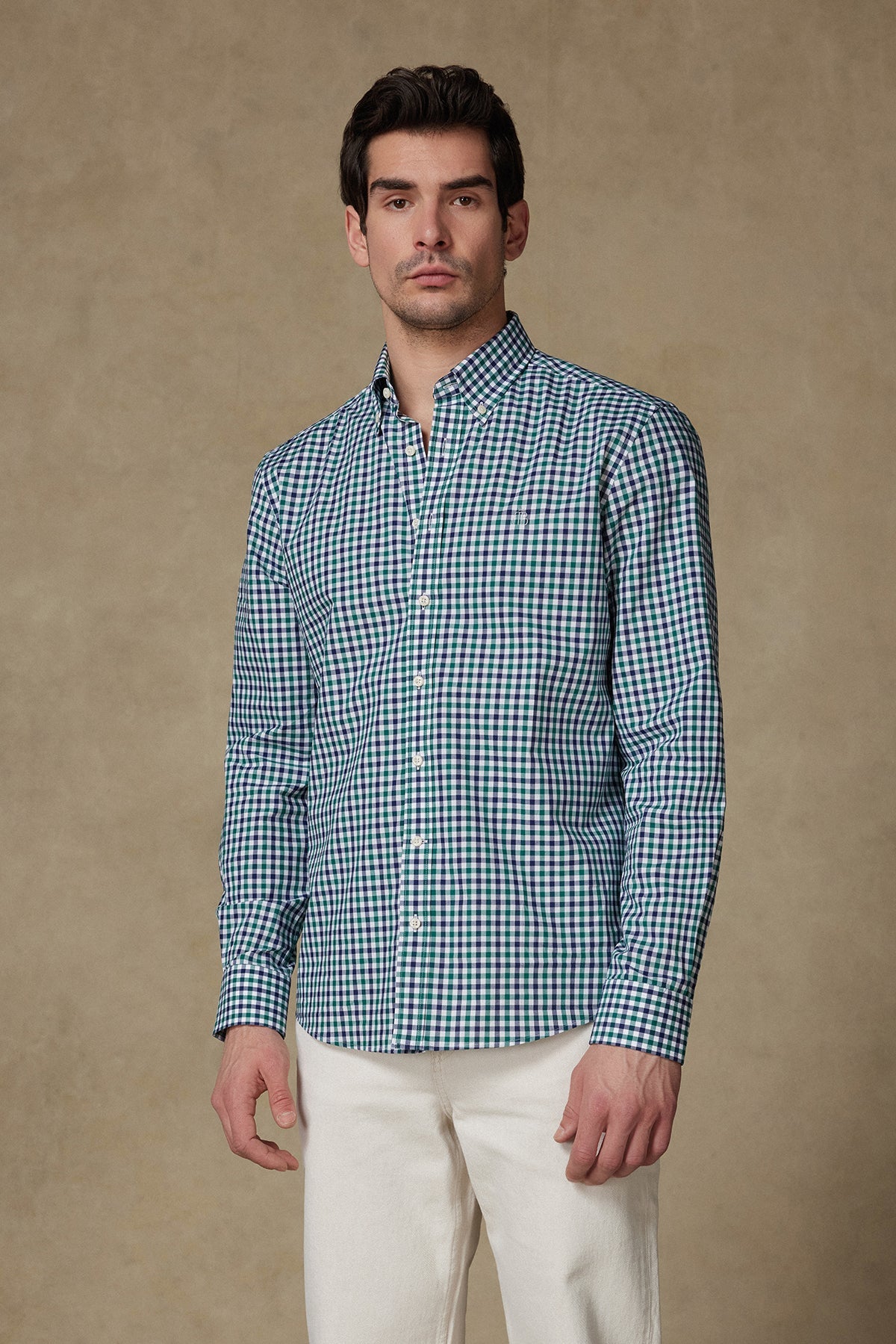 Abbate Dante Poplin Pamuklu Comfort Fit Yeşil Düğmeli Yaka Erkek Kareli Gömlek