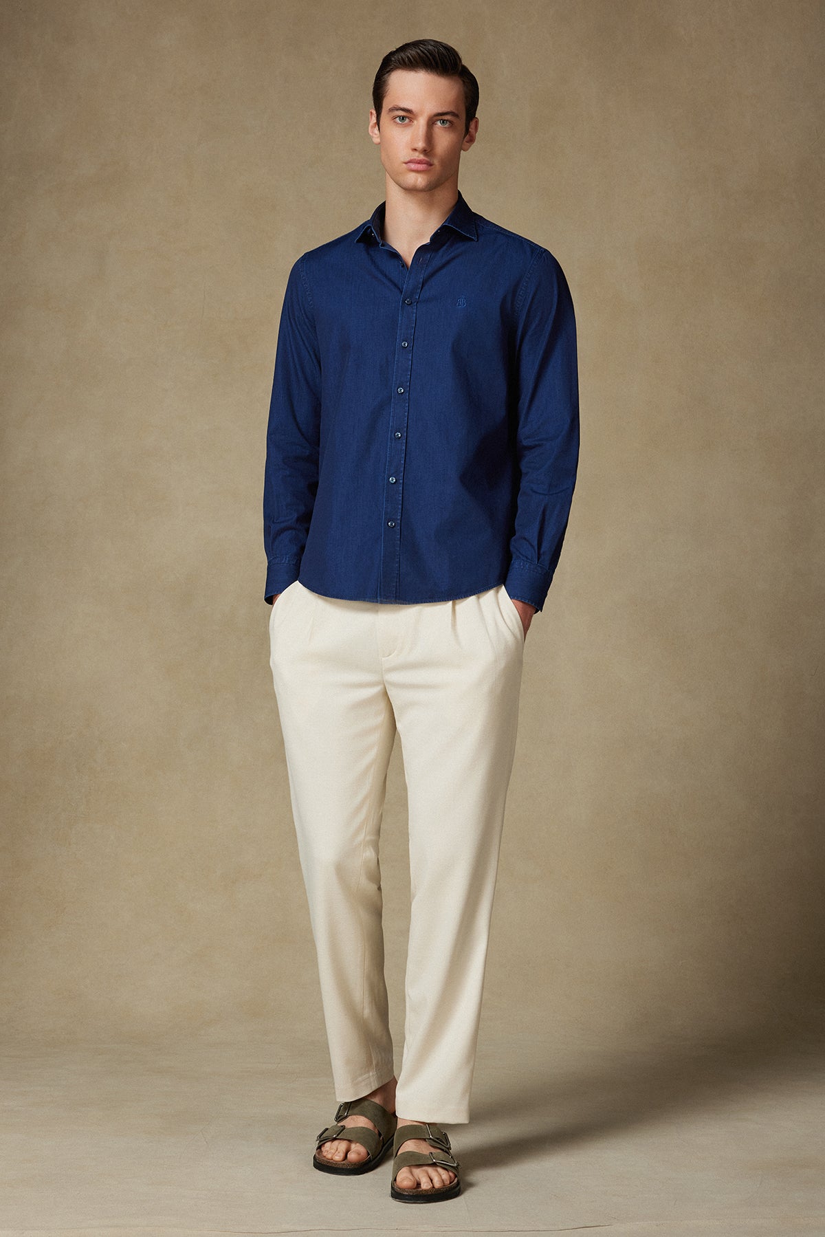 Abbate Fabio Denim Pamuklu Comfort Fit Lacivert Klasik Yaka Erkek Düz Gömlek