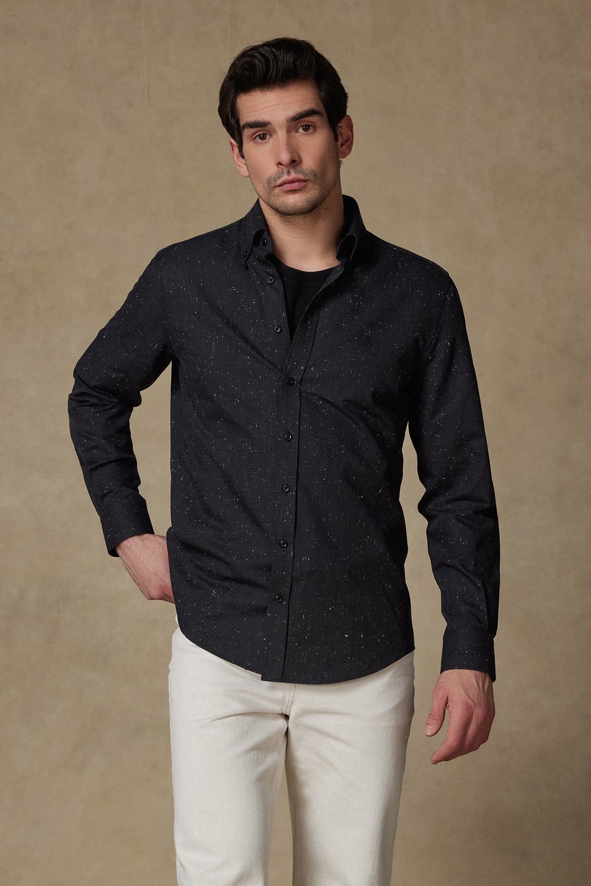 Abbate Luca Dobby Pamuklu Comfort Fit Siyah Düğmeli Yaka Erkek Düz Gömlek