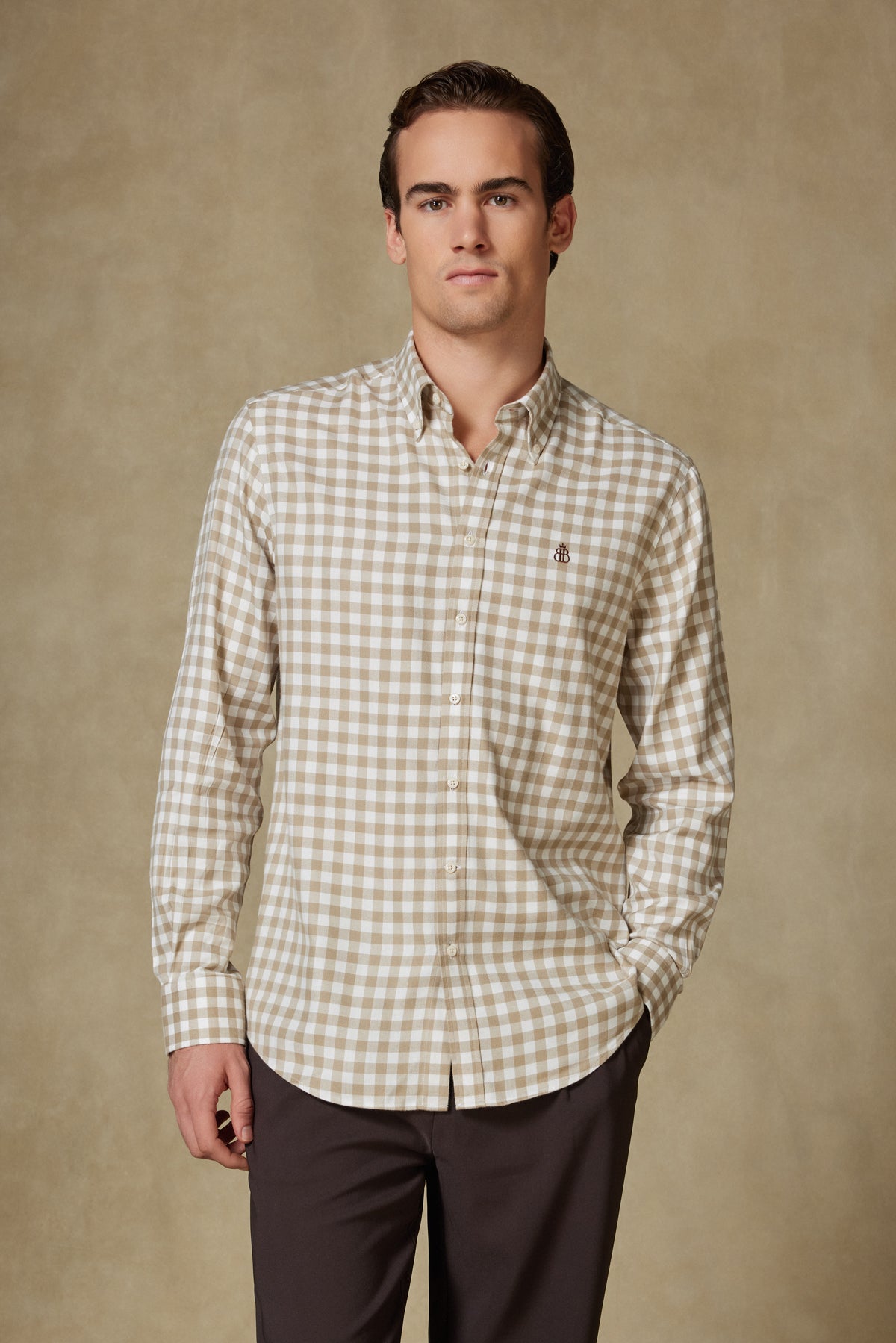 Abbate Luca Flanel Viskon Karışımlı Comfort Fit Bej Düğmeli Yaka Erkek Kareli Gömlek