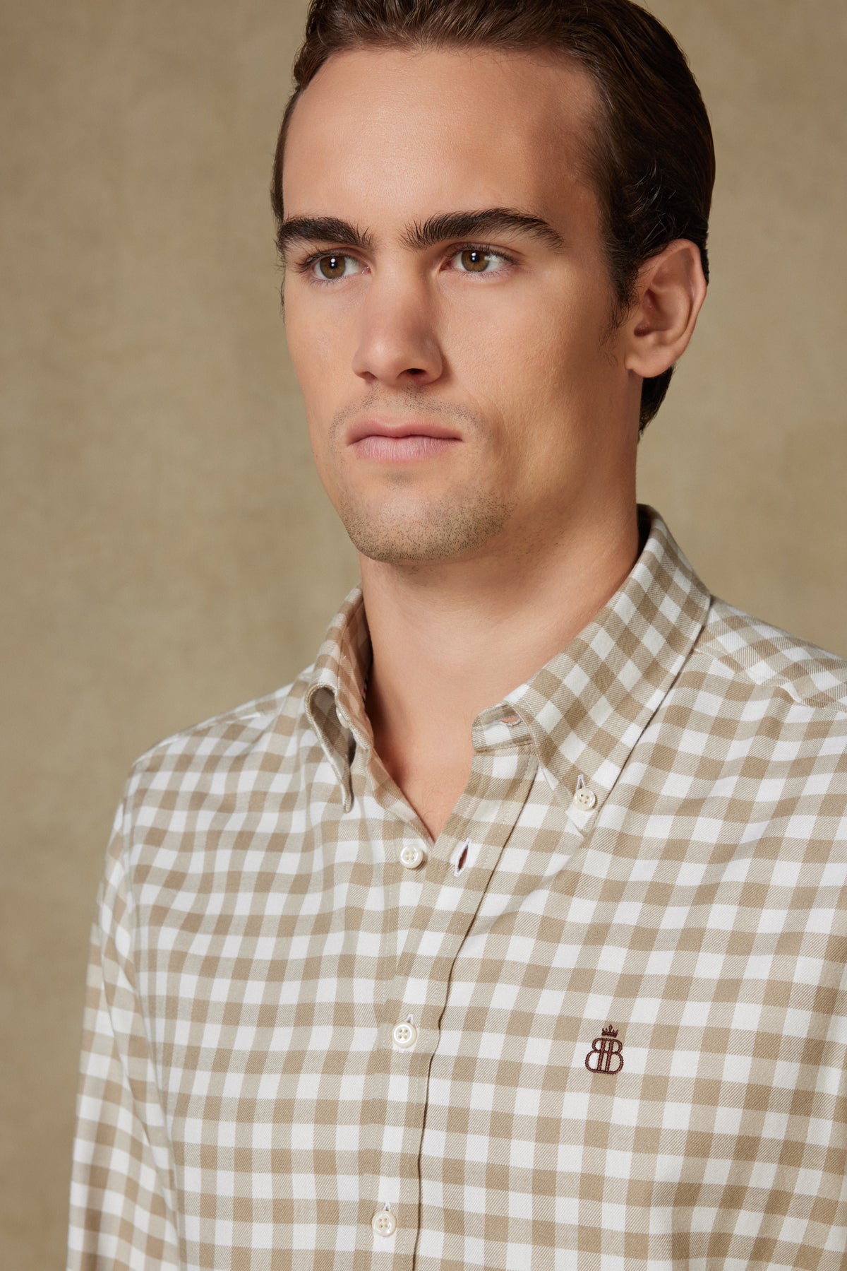 Abbate Luca Flanel Viskon Karışımlı Comfort Fit Bej Düğmeli Yaka Erkek Kareli Gömlek